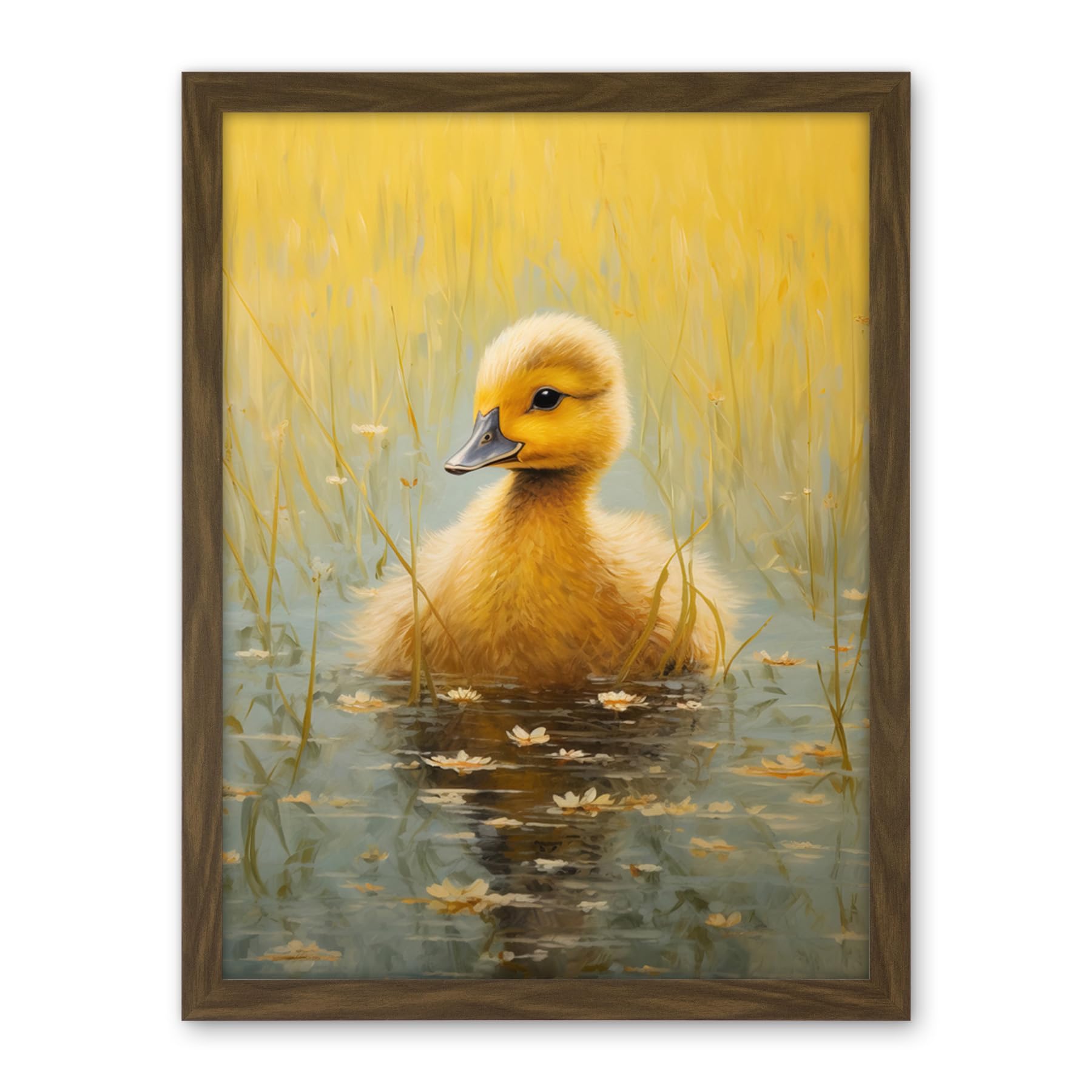 Artery8 Cute Yellow Ducking in Countryside Pond Oil Painting Kids Bedroom Baby Duck Bright Artwork Framed Wall Art Print 18X24 Inch