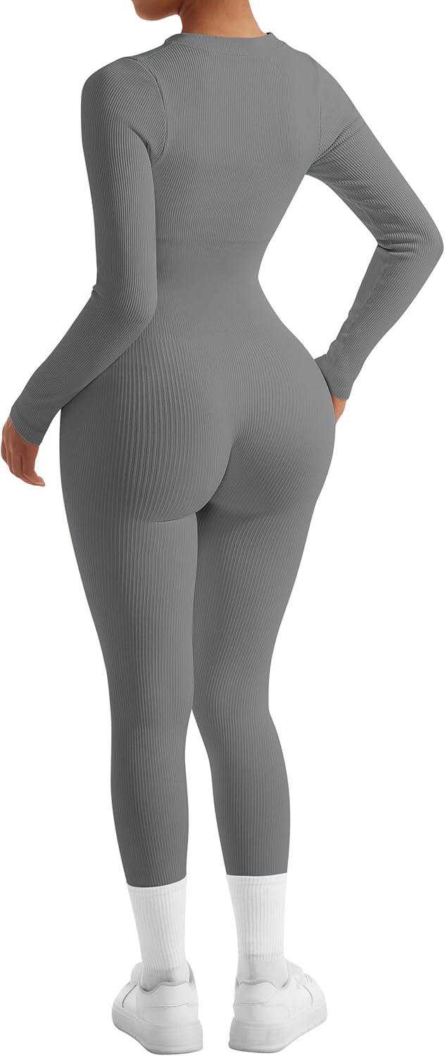 SUUKSESS Women Long Sleeve Ribbed Jumpsuit Zip up Front Workout Bodycon Romper - Image 6