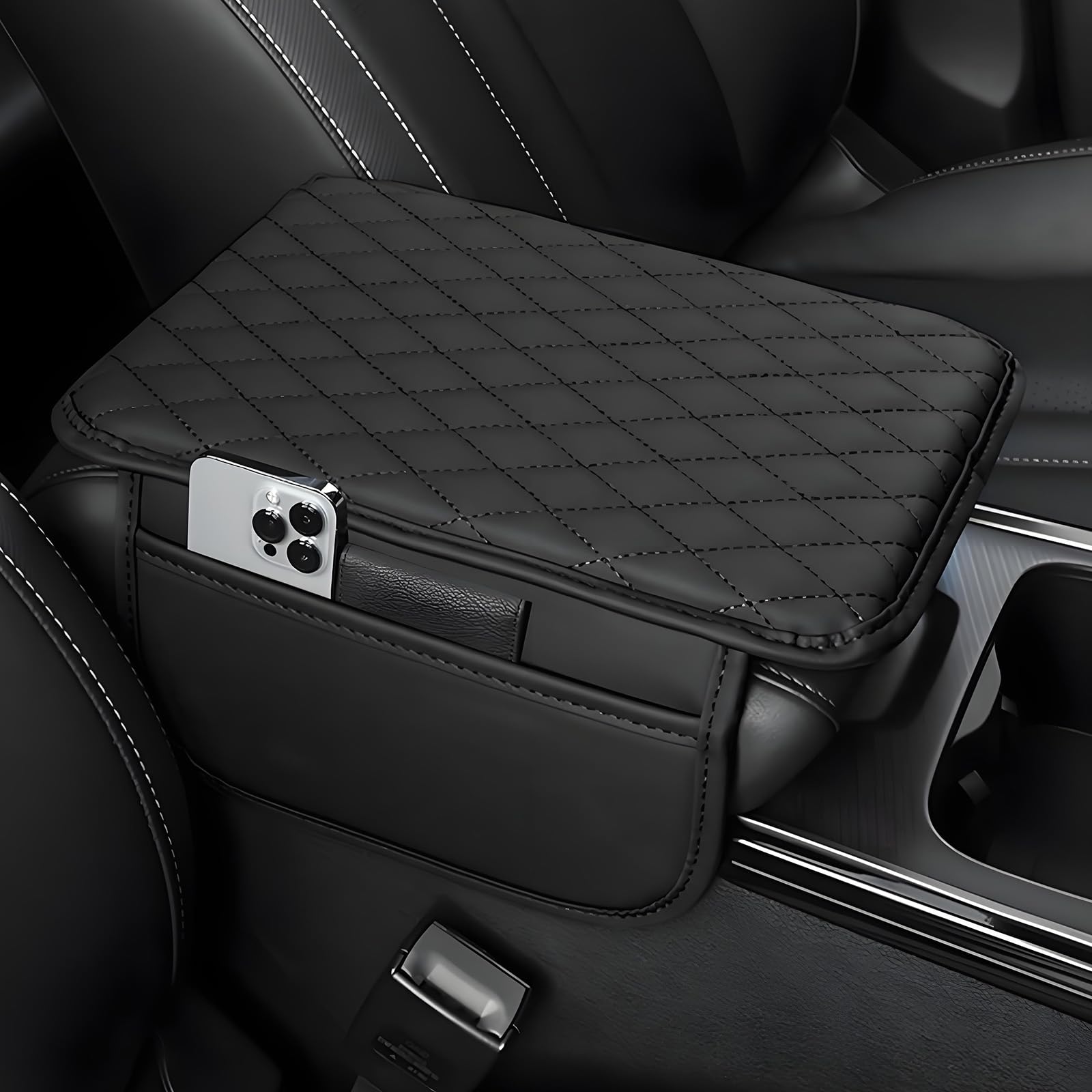 LXFDAFA Car Armrest Cover for Peugeot Partner M49 M59 B9 K9 1996-2025 2026 Console Cushion Pad Protector PU Leather Memory Foam Auto Interior Storage Pocket Styling Mat,Black
