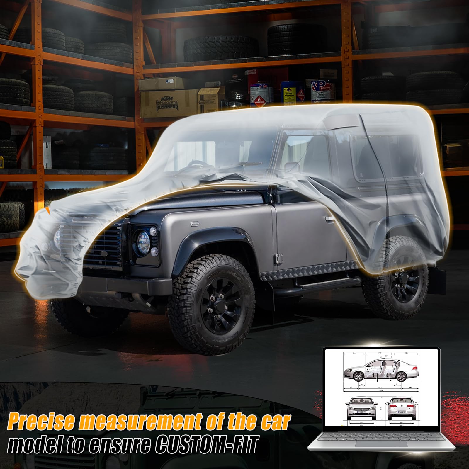 Telo copriauto impermeabile Land Rover Defender 90 1990-2016, telo di copertura per tutte le stagioni, con chiusura lampo, porta e parabrezza, grigio