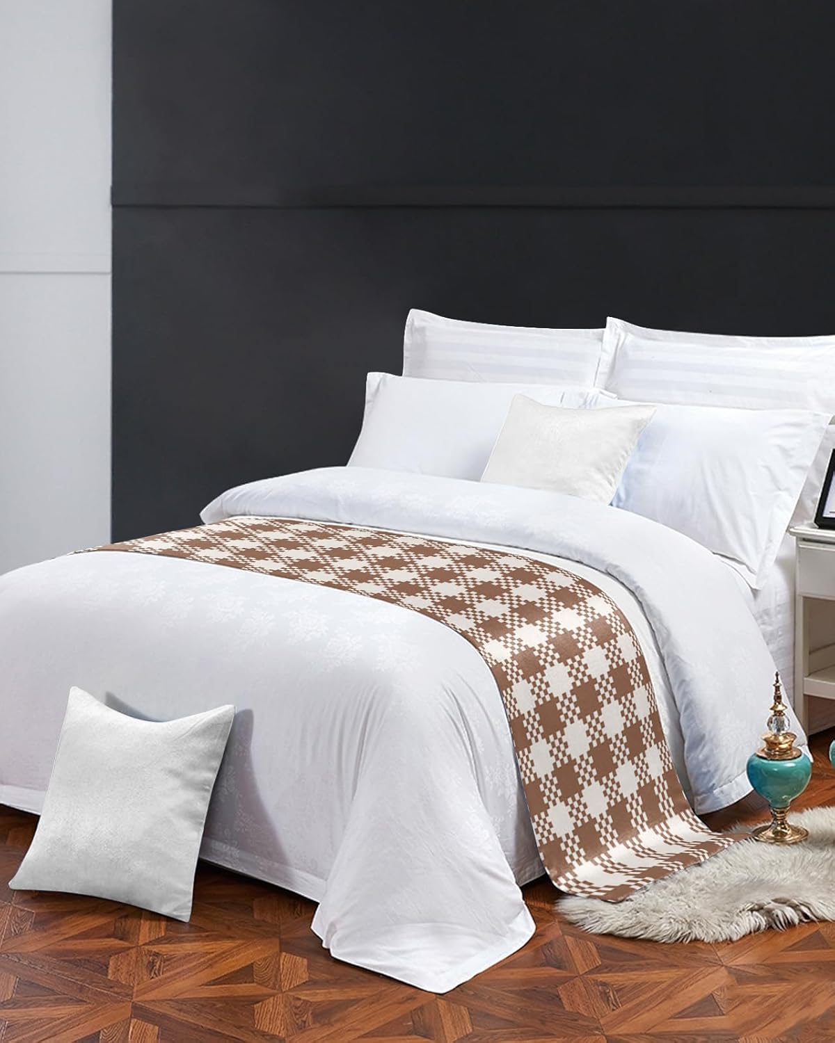 Teamery Bed Runners & Scarves, Brown Lattice Bed Runner, Bed Scarf Protector Decorative Accent Bedding Scarf for Hotels Homes and Guestrooms, 102 x 20 inches