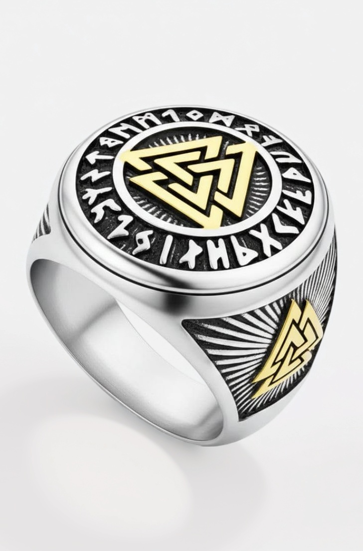 Pure Titanium Steel Ring - Triple Valknut Ring with Rune Circle Symbol, Odin Symbol - Norse Scandinavian Viking Ring for Men & Boys