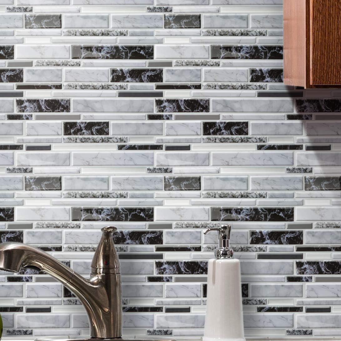 Subway Tile Peel and Stick (Faux Marble Tile) Backsplash for Kitchen, Bathroom, Car Camper, Wall Accents - Sticker Vinyl, Quick Tile, Smart Tile (Oblong Marble Black White Grey, 10pc/Pack)