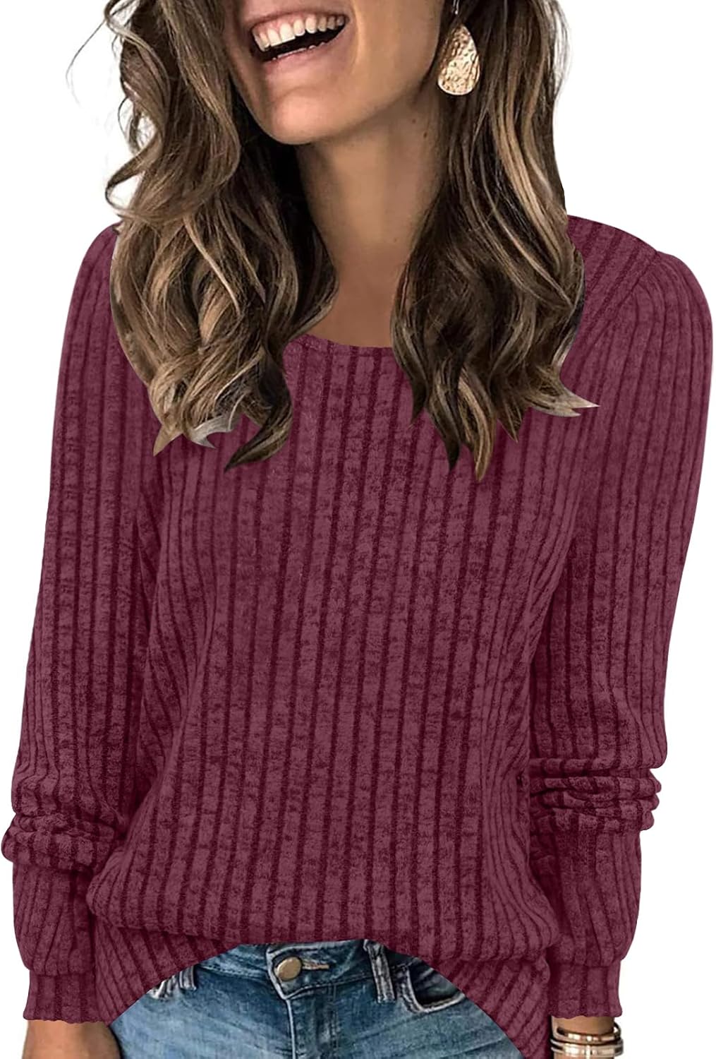 Yincro Women's Lightweight Sweaters Long Sleeve Fall Casual Crewneck Tunic Tops X-Large Wine Red