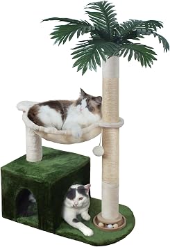Fantasreen Cat Tree 38" Cat Tower with Large Hammock Metal, Cat Scratching Post for Indoor Cats with Condo, Cat Playground Track Balls and Bouncy Ball, Green and White