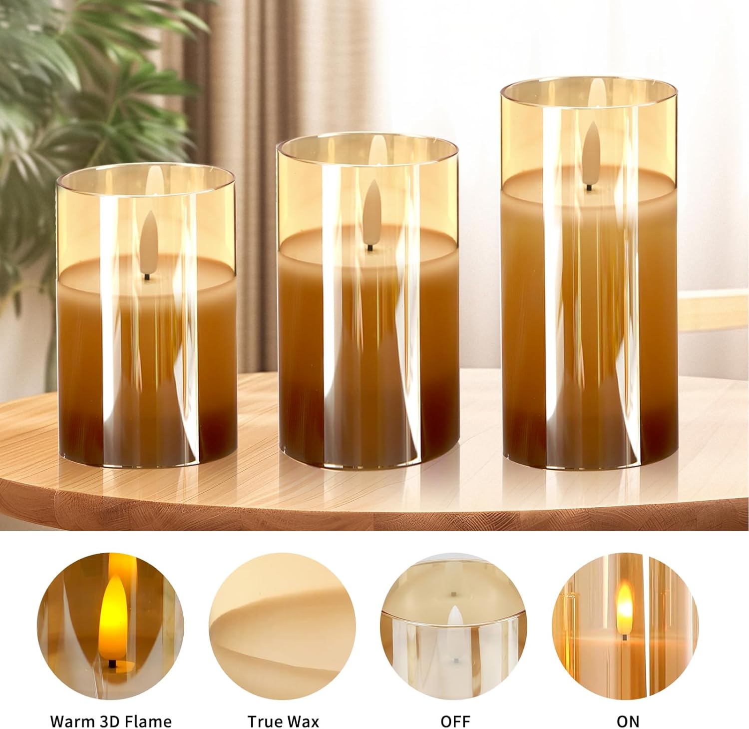 Flickering Flameless Candles with Remote,4", 5", 6" x 3" Diameter Glass Battery Operated LED Candles for Festival Wedding Home Party Decor(Pack of 3)-Brown
