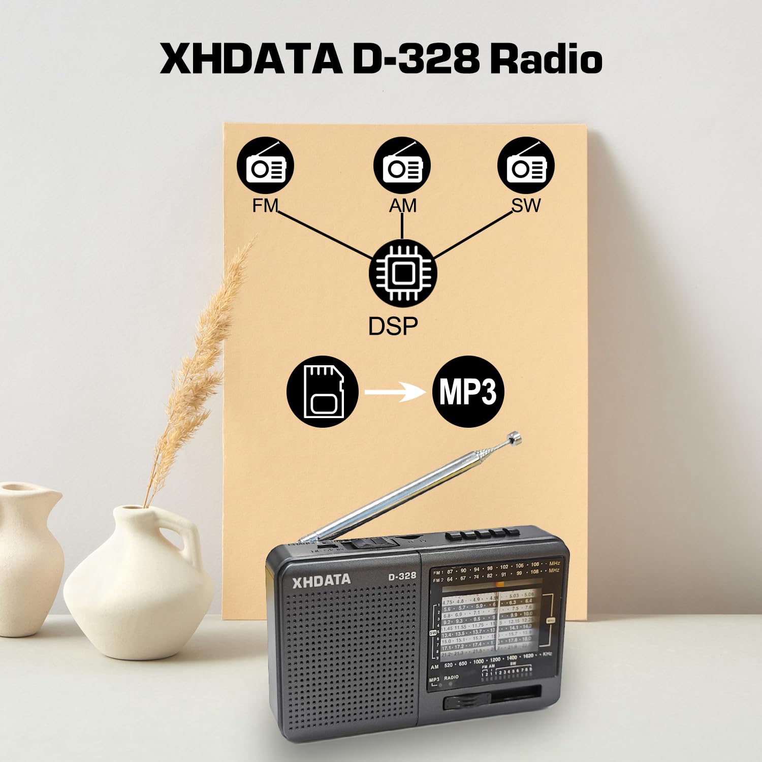 XHDATA D-328 Radio Portatile FM AM SW Vintage Supporto TF Card MP3 Batteria Ricaricabile Grigio