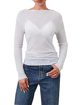 OLAPTA Women's Sexy Long Sleeve Sheer T-Shirts See Through