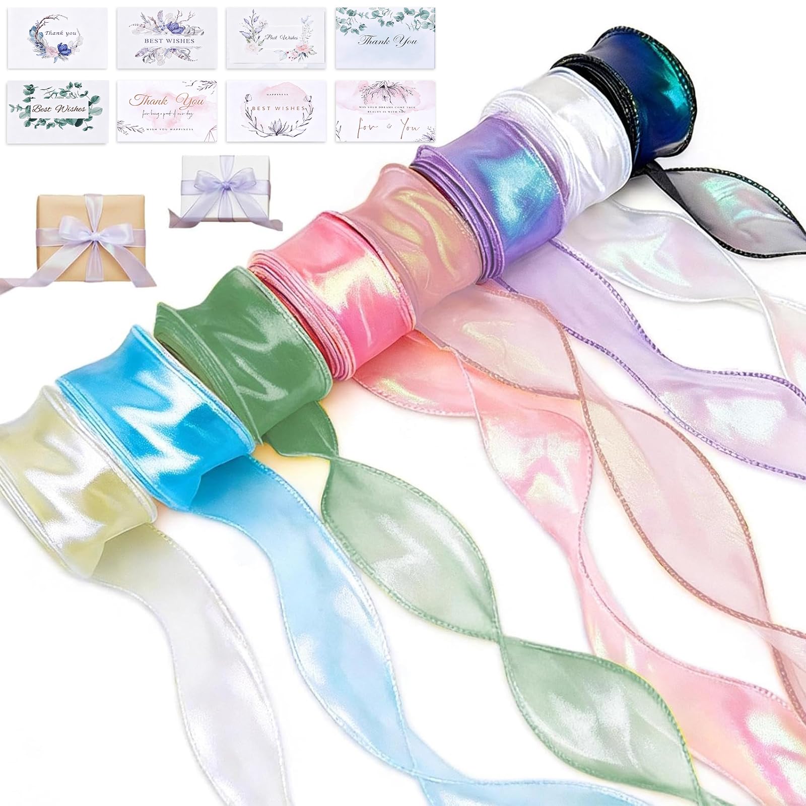 8 Rolls 4cm x 9m Iridescent Organza Ribbon with 8 Greeting Cards