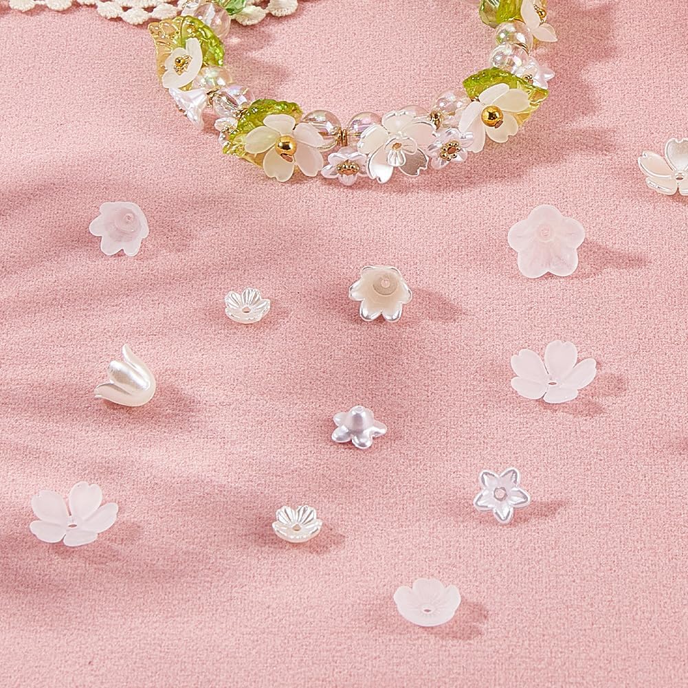 SUNNYCLUE 600Pcs 10 Styles Acrylic Flower Beads Floral Bead Caps Bulk White Frosted Assorted Spring Flowers Shaped Loose End Mini Spacers for Jewelry Making Bracelets Necklaces DIY Craft Findings - Image 4