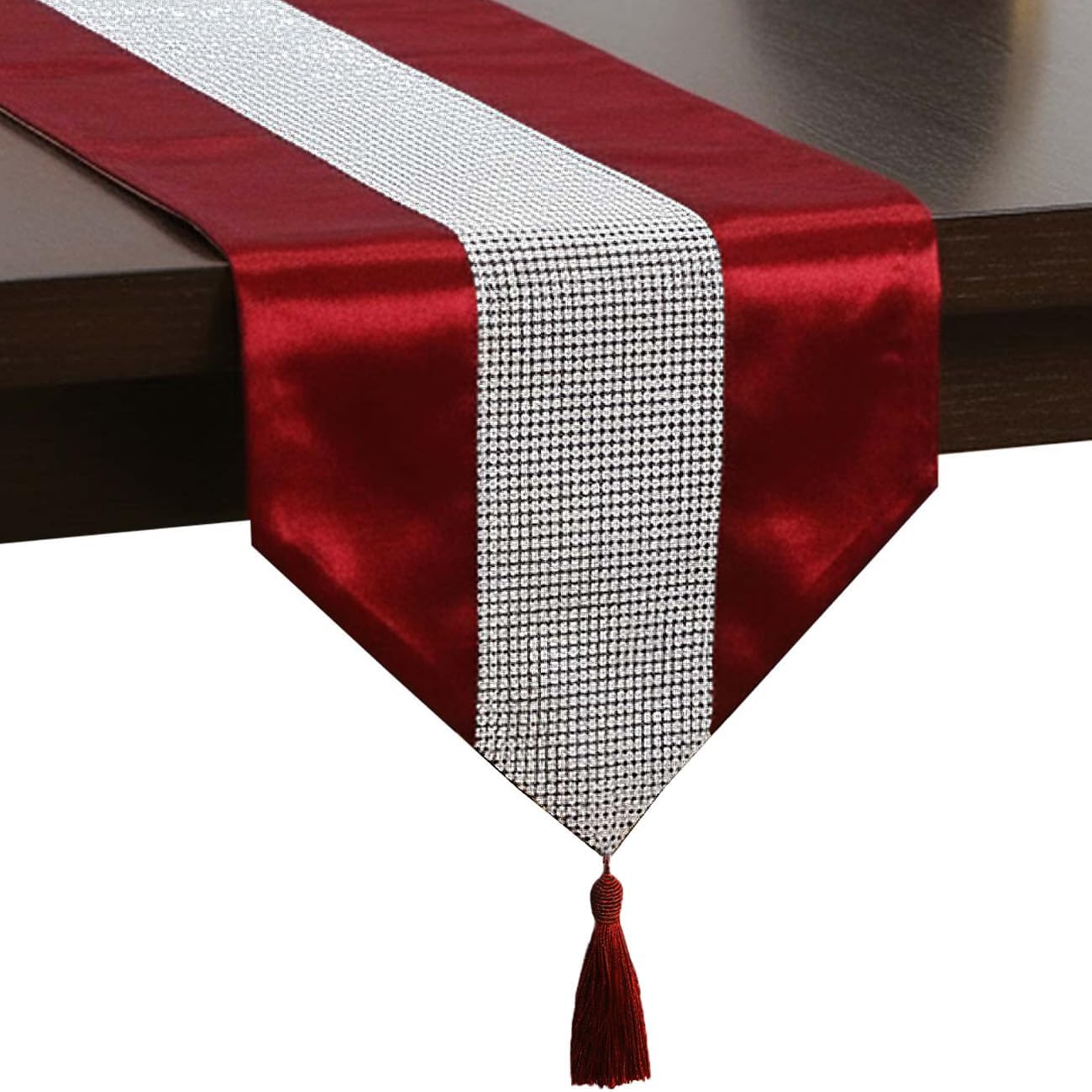 HeMiaor 13inch x 98inch Table Runner with Diamante Strip and Tassels (Red)