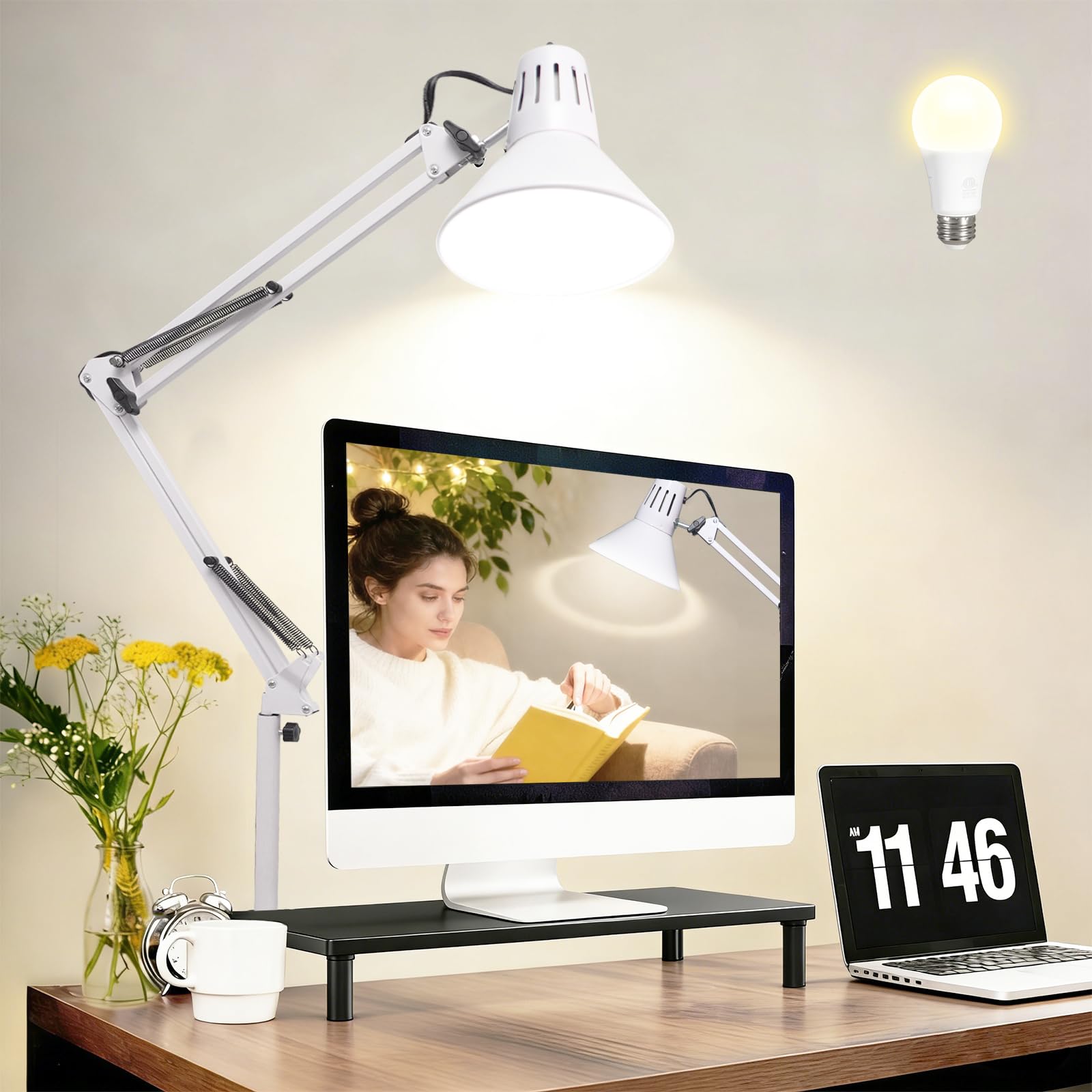 LED Desk Lamp With Clamp for Office Home Eye-Caring Clip on Light with Adjustable Extra Tall Metal Swing