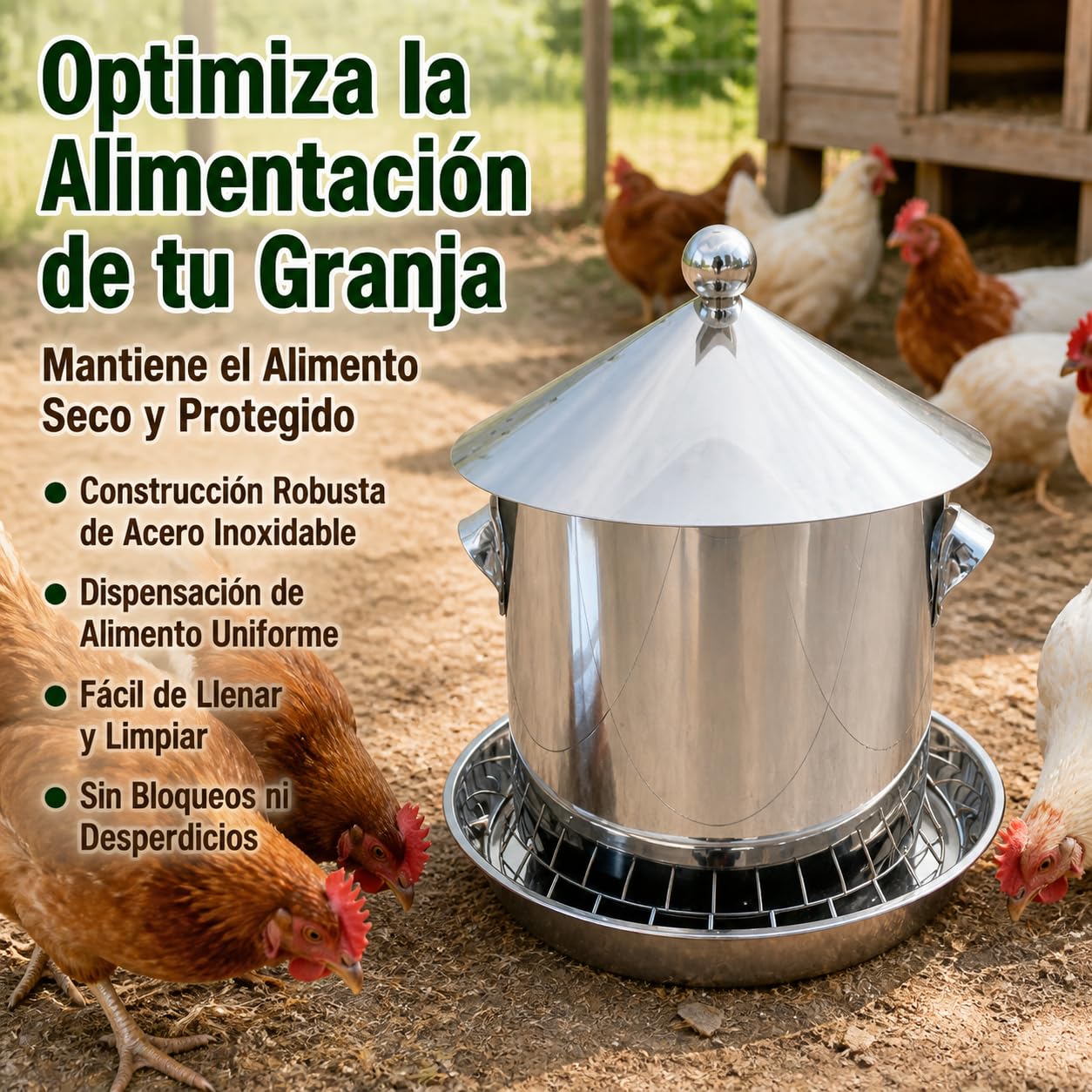 Comedero Automático para Gallinas, Antipájaros y, de Acero Inoxidable, para AV de Corral, 30 kilograms (15 kg)