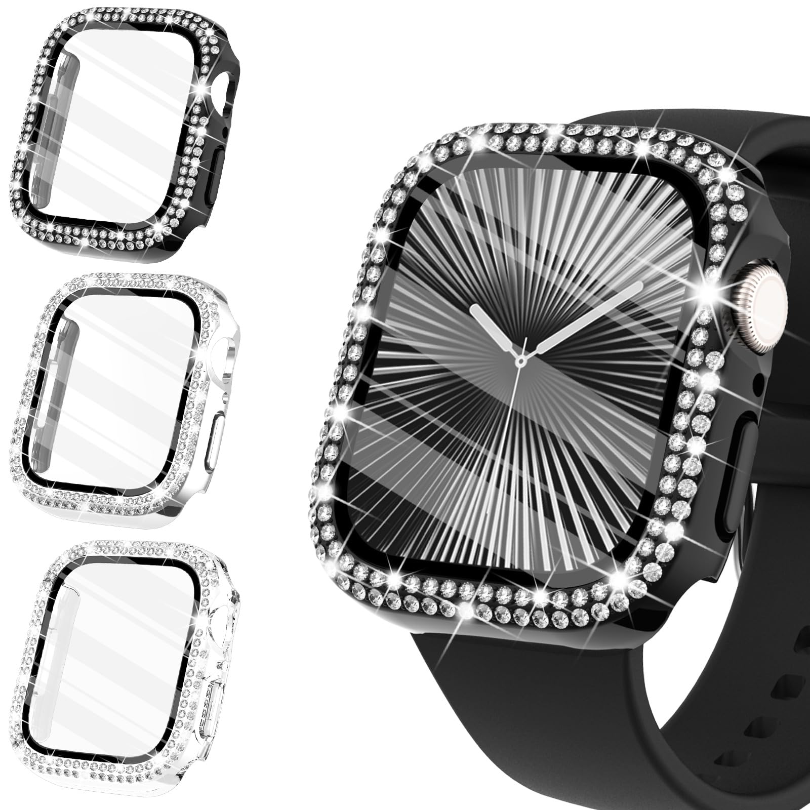 WINGLE Compatible with Apple Watch Screen Protector 44mm SE 3 2 1/ Series 6 5 4, Women Shiny Diamond Cover with Tempered Glass Screen Protector for Apple Watch Case 44mm,Clear — view 21