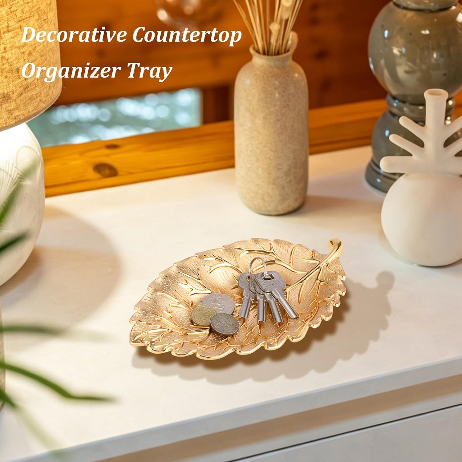 Hipiwe Gold Key Bowl Holder for Entryway Organizer Metal Leaf Shape