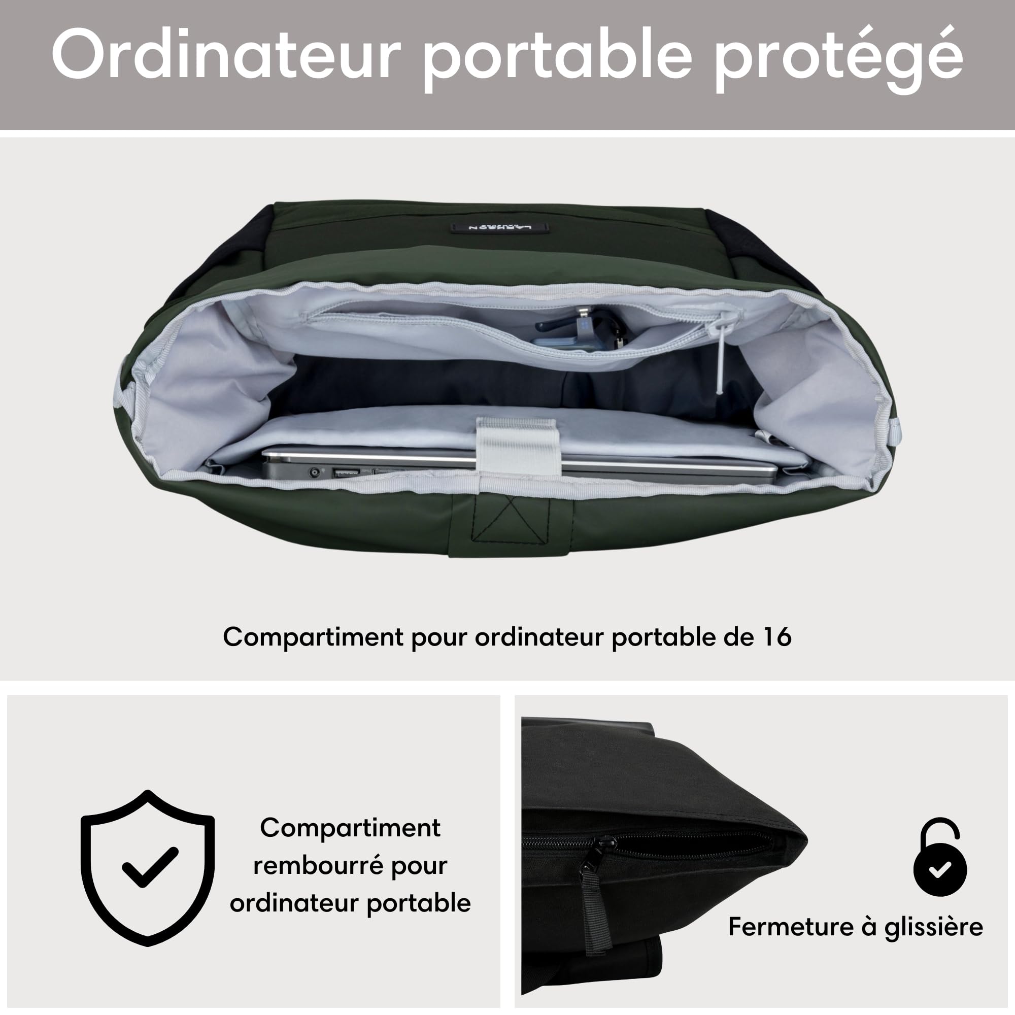 Larkson Sac à Dos Roll Top Femmes & Hommes - No 4 - Backpack pour l'École, l'Université - Compartiment Ordinateur Portable 16 Pouces - Hydrofuge