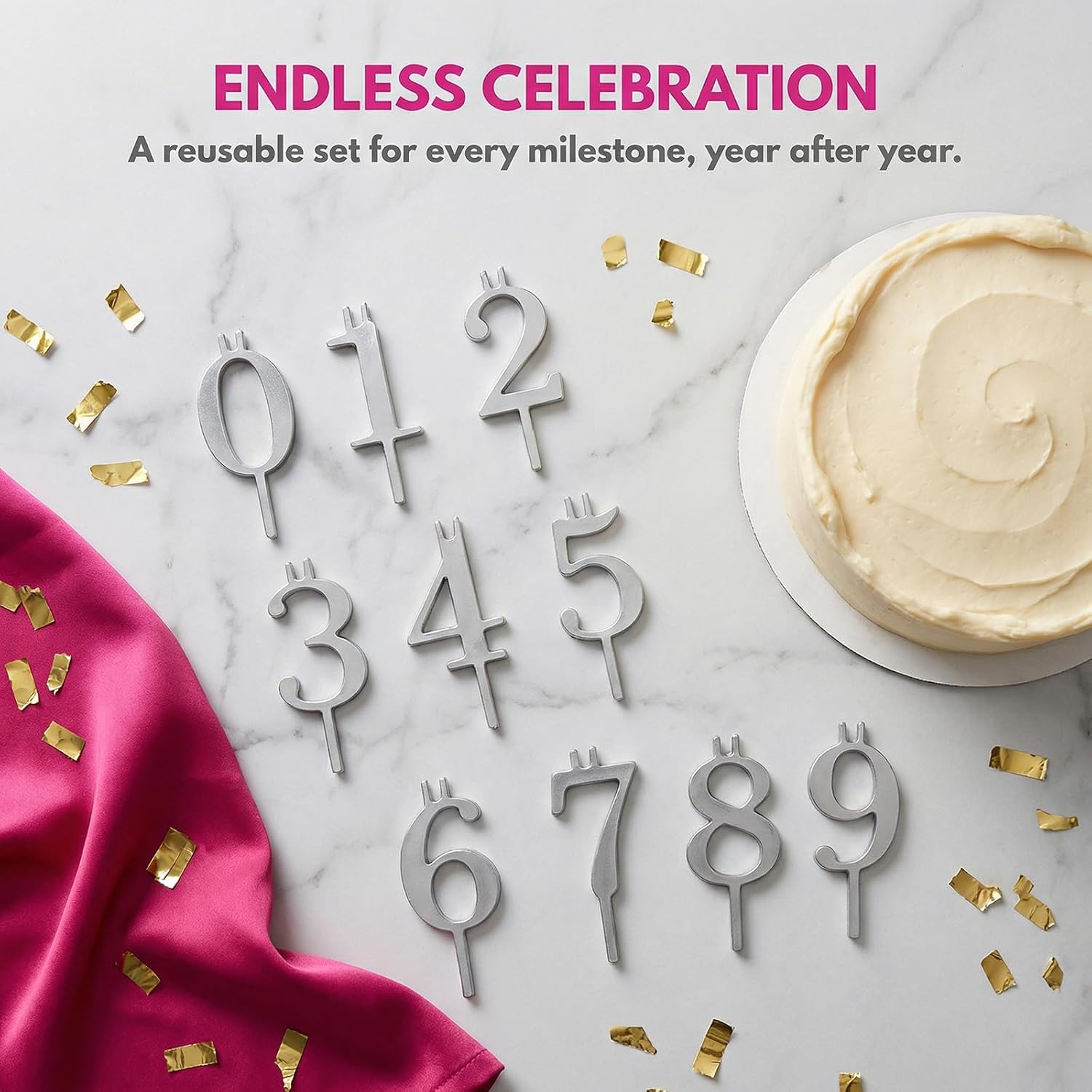Reusable Number Birthday Candle Holder Set Forever Metal Digital Cake Candleolder 0-9 Silver Cake Topper Decorations Adjustable Candles Stand Party Cakes Accessories