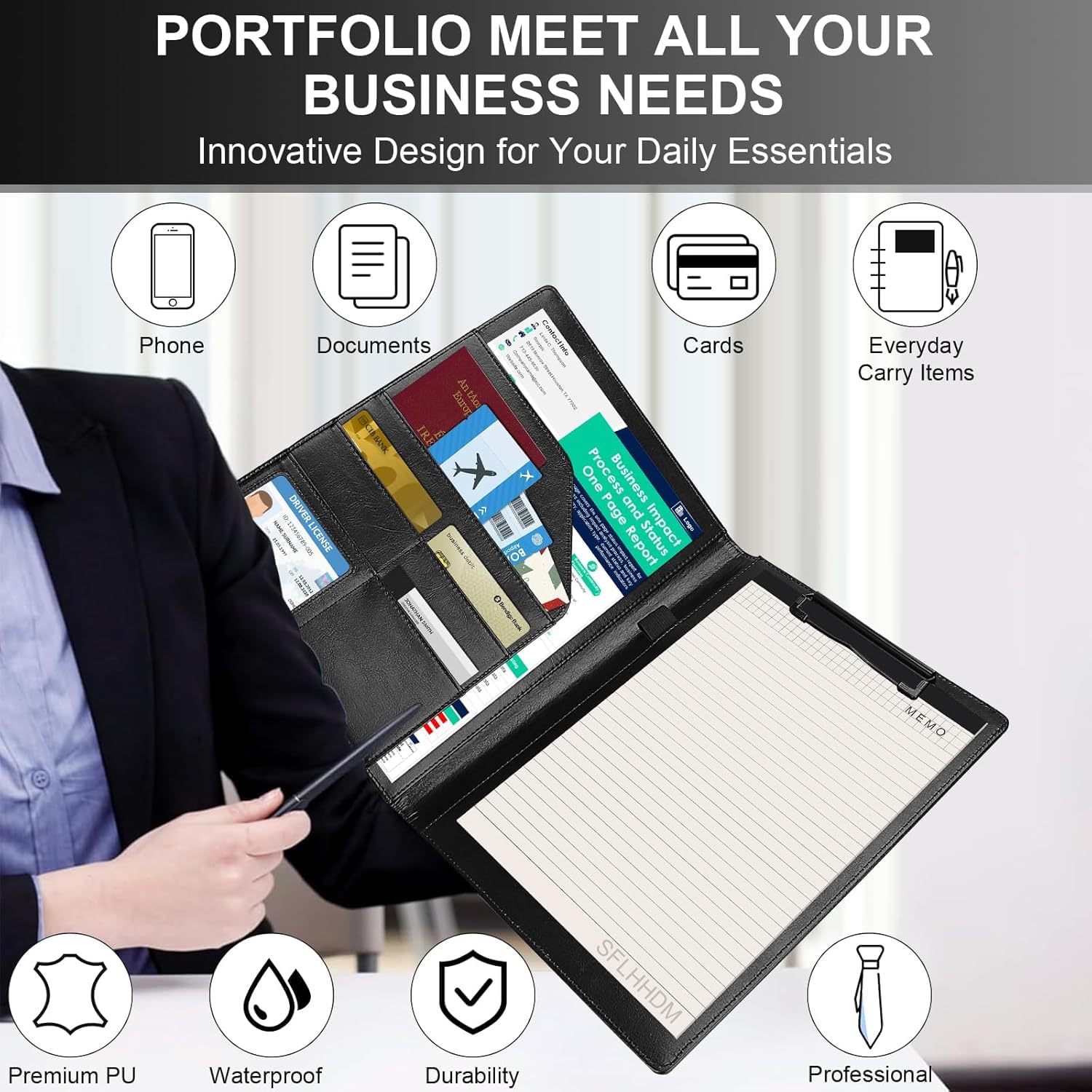 Professionelles Portfolio-Padfolio, PU-Leder, A4-Größe mit Klemmbrett, Notizblock, Visitenkartenhalter, Stiftschlaufe, mehrere Taschen für Büroorganisation (schwarz)