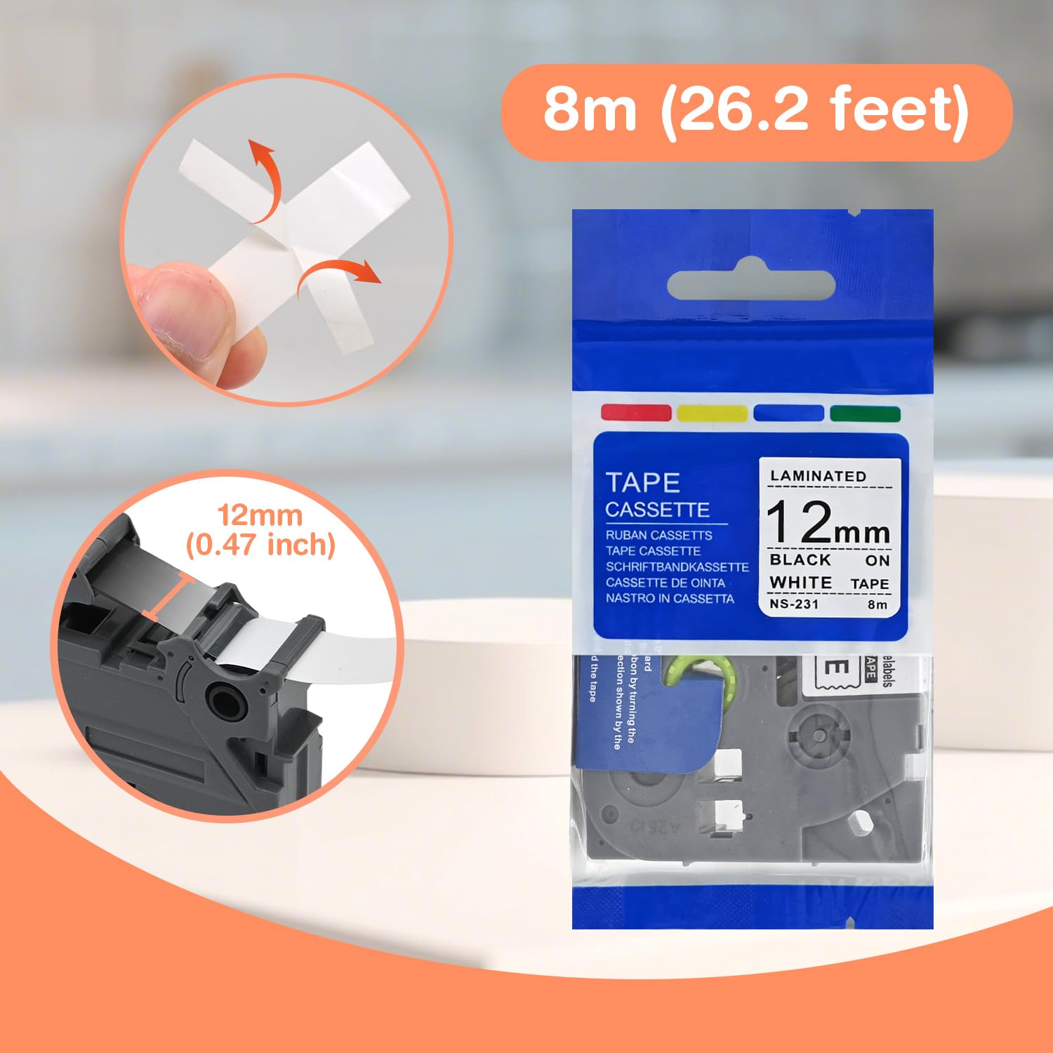 Paquete de 6 recambios de cinta laminada blanca laminada de 12 mm