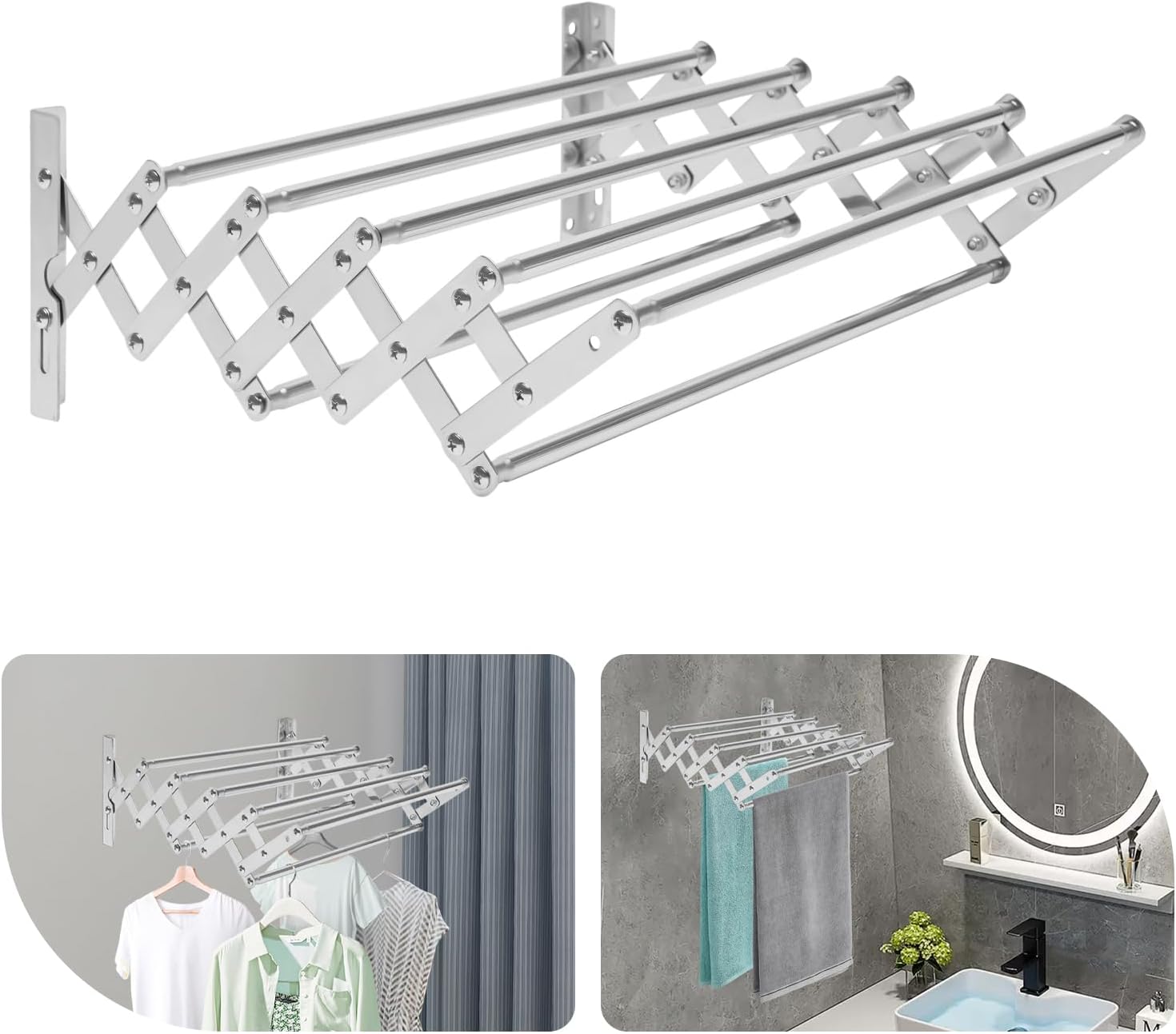 Foldable Wall-Mounted Laundry Rack – 40kg Capacity, 7 Telescopic Hanging Rods, Smooth Round Edges, Space Saving for Small Spaces – Ideal for Balcony, Bathroom