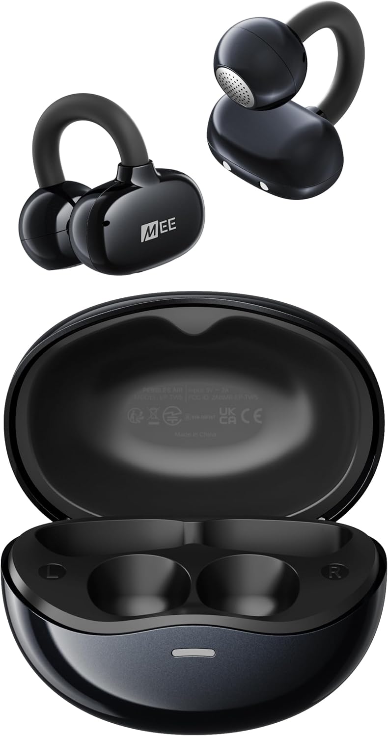 MEE audio Pebbles Air Open Ear True Wireless Earbuds - Bluetooth 5.3 Lightweight Earclip Headphones with Headset Microphone & Call Noise Reduction for Gym/Workouts/Sports and Gaming (Onyx/Black)