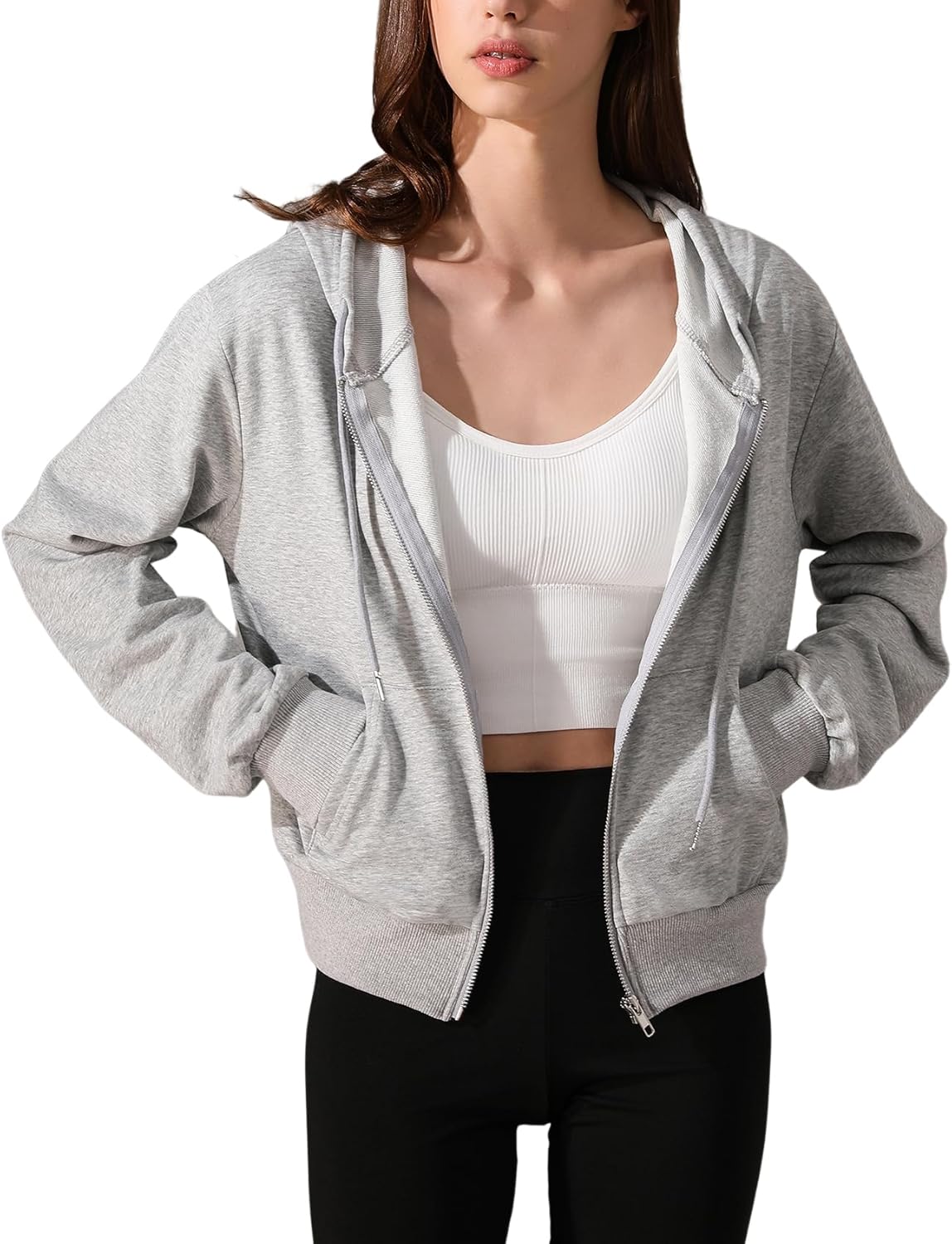 Yimoon Zip Up Hoodie Women Cropped Casual Sweatshirts Workout Long Sleeve Drawstring Hooded Jacket Crop Tops