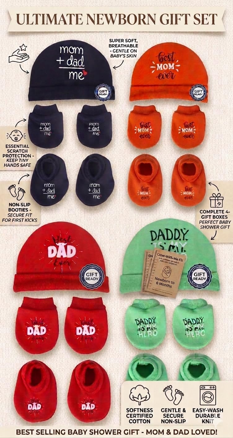 Mom's Darling, Pack of 4 Pairs, Newborn Baby Cotton Mitten Sets with Cap and Booties | Baby Mittens and Gloves Set for Newborn 0-6 Months | Baby Cap Set | Baby Socks Set | Multicolor.-image-5