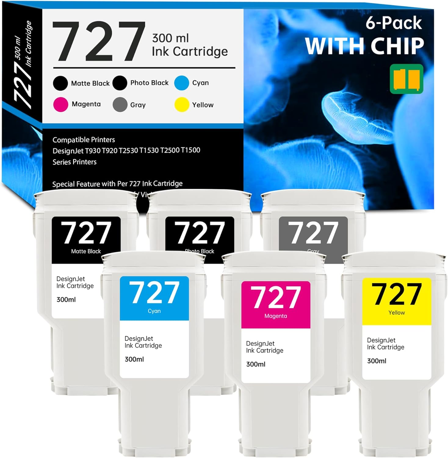 727 Ink Cartridge 300ml with New Chip Replacement for HP 727 Ink Cartridges C1Q12A F9J79A F9J76A F9J77A F9J78A F9J80A for DesignJet T920 T930 T1500 T1530 T2500 T2530 Printer Ink, 6 Pack 727 Ink Kit