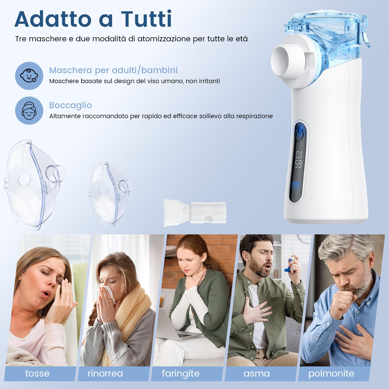 Nebulizzatore ad Ultrasuoni per Bambini e Adulti | Portatile 85g | Silenzioso 30dB | 2 Modalità di Nebulizzazione | Uso Continuo per 1 Ora | Display Digitale | Modalità Autopulizia