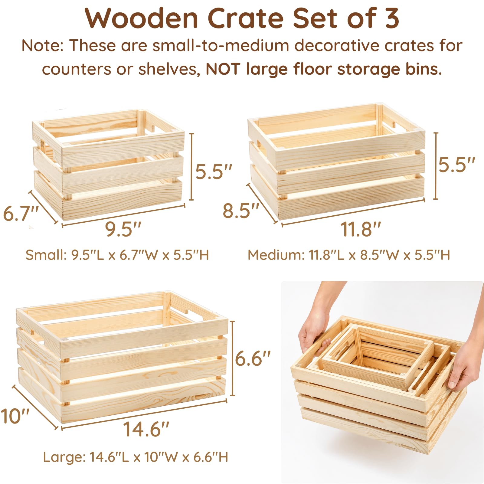 Youeon Lot de 3 caisses gigognes rustiques en bois avec poignées - Caisses décoratives en bois pour cuisine, bureau, chambre à coucher, placard, décoration rustique
