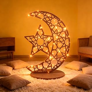 Eforcase Ramadan Decorations Large Wood Table Decor, 28" Light up Eid Mubarak Kareem Table Sign Wooden Hollow Moon Star Or...