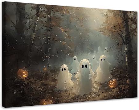 Novatique Halloween Wall Art Vintage Cute Ghost Canvas Wall Art Dark Preppy Room Decor Halloween Gothic Mural Poster Aesthetic Print Halloween Decoration for Living Room, 12 x 16inch