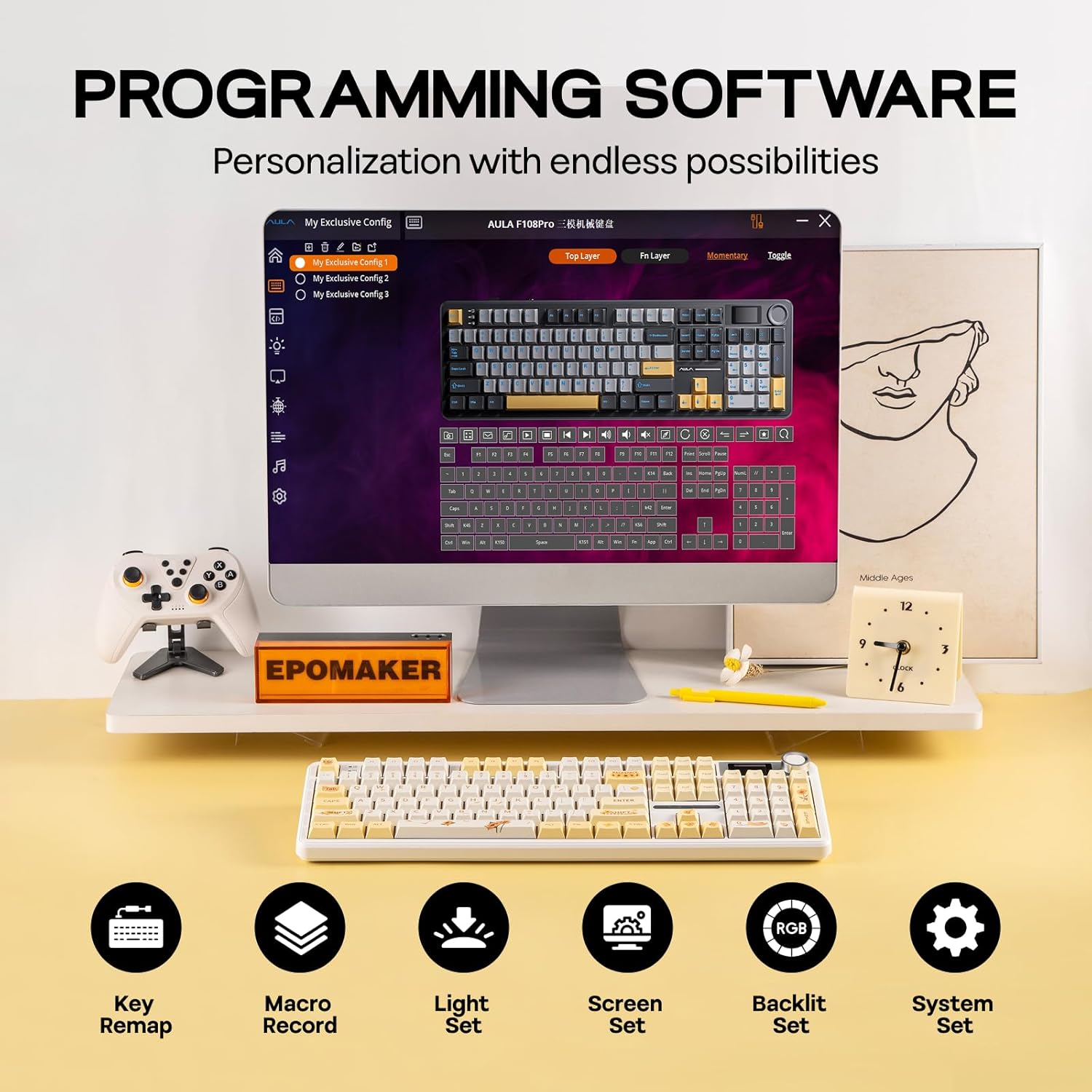 EPOMAKER X Aula F108 PRO Wireless Gaming Keyboard with Screen, 8000mAh Battery, 104 Hot-Swappable and Programmable Keys and Knob, RGB Backlight, for Mac/PC/Android (Grey&Yellow) - Image 8