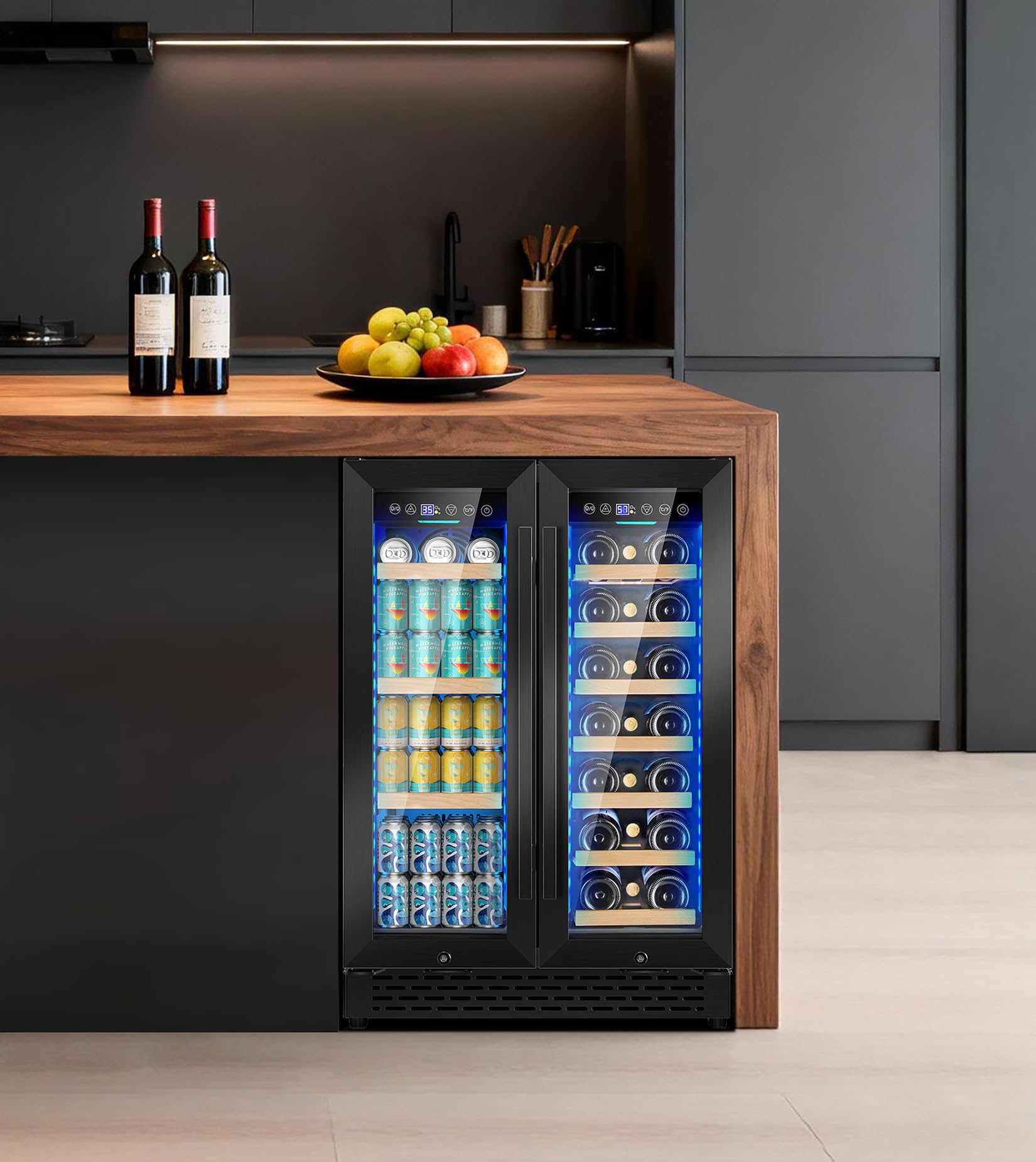 24 Inch Wine And Beverage Refrigerator, Dual Zone Wine Cooler Black, Undercounter Built-In Freestanding Drink Fridge With 3 LED Light, 88 Cans And 21 Bottles Capacity, For Beer Soda Kitchen Office on Fridge.com - View 3