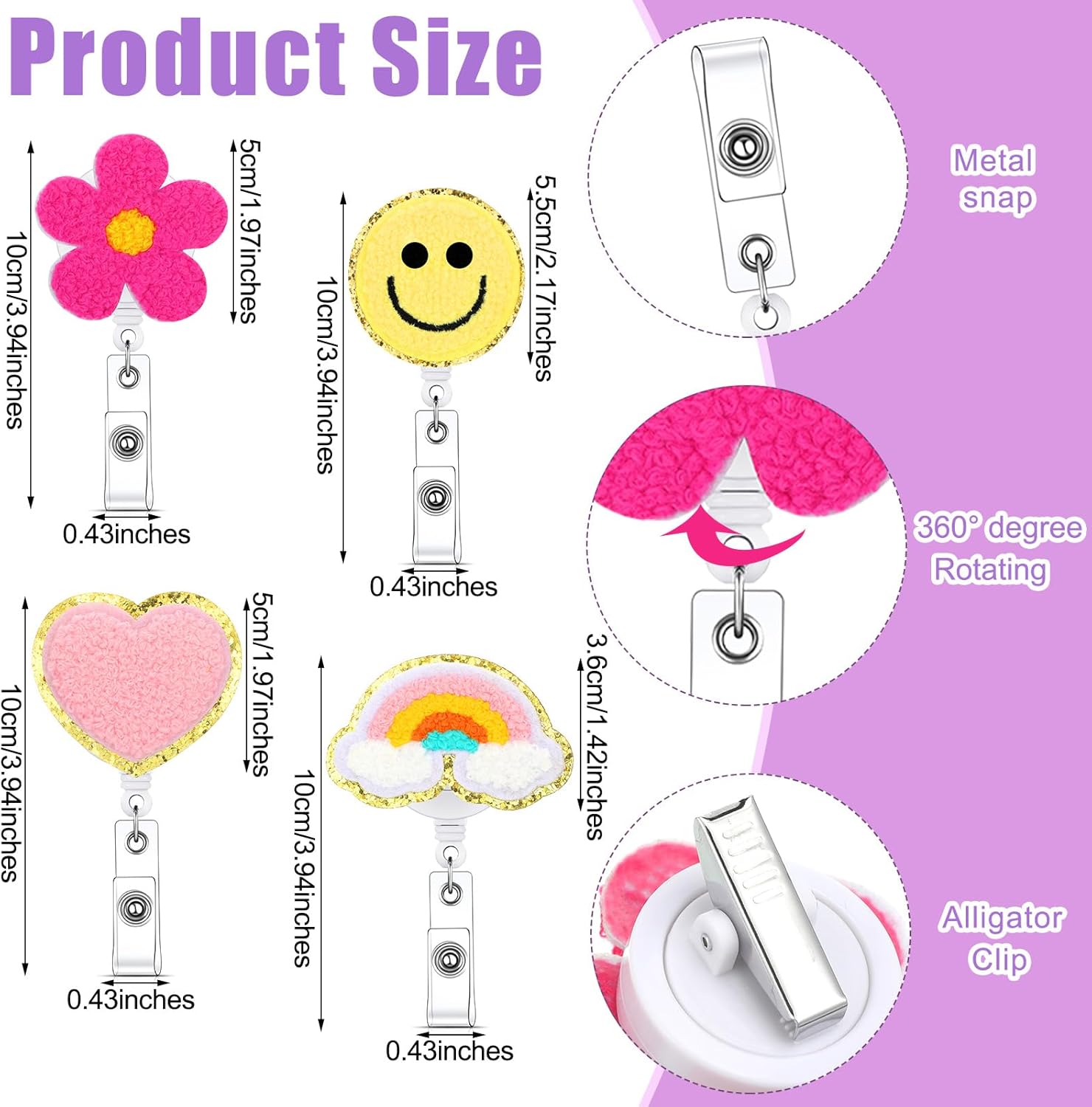 Woanger 8 Pcs Cute Badge Reel Retractable Flower Smile Cloud Heart Badge Holder Felt Name ID Accessories with 360 Degree Swivel Alligator Clip for Office School Hospital Nurse Doctors Teachers Favor - Image 3
