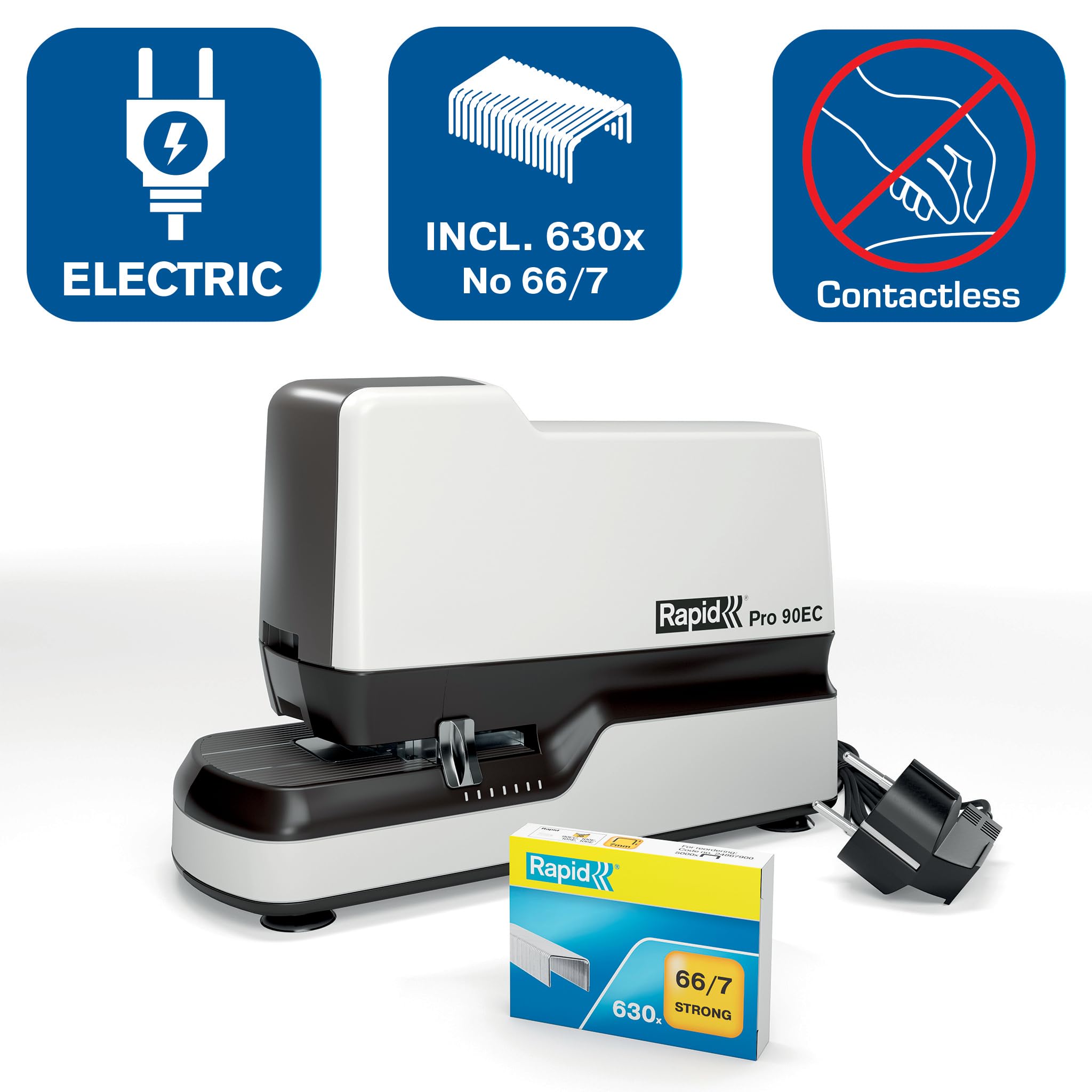 Rapid Pro 90EC Elektro-Tacker, schnelles & kontaktloses Heften, Hochleistungs-Heftgerät, ideal für Büros, inkl. 630 Heftklammern, bis zu 50 Blatt, Weiß, 20942901