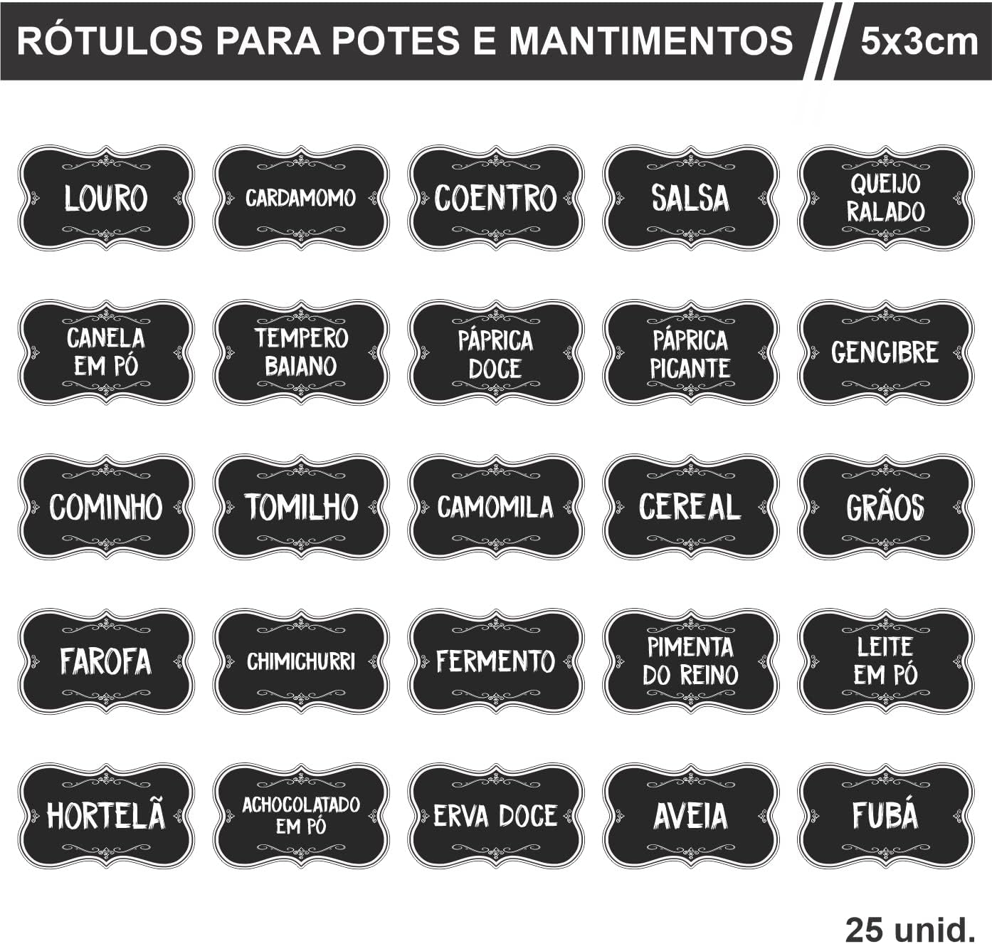 50 Etiquetas Adesivos Para Potes Mantimentos Temperos Cozinha (Preto)