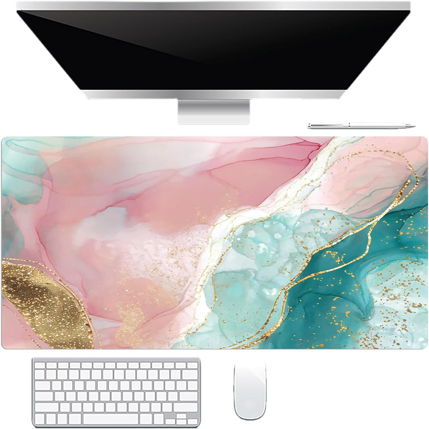 Pink and Green Marble Large Mouse Pad Gaming Desk Accessories Pink and Gold Abstract Marble Mousepad Non-Slip Rubber Base Desk Mat for Keyboard and Mouse Computer Pad, 31.5W x 15.7L inches image 2
