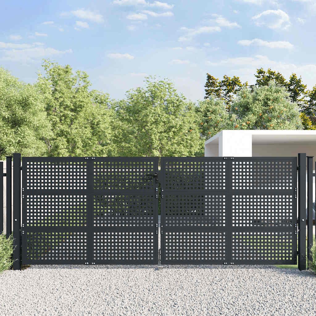 Brama ogrodowa, antracytowa, 400 x 150 cm, stalowa, podwójne drzwi ogrodowe z zamkiem, wytrzymała furtka ogrodowa do użytku na zewnątrz, regulowana szerokość, wysokie bezpieczeństwo