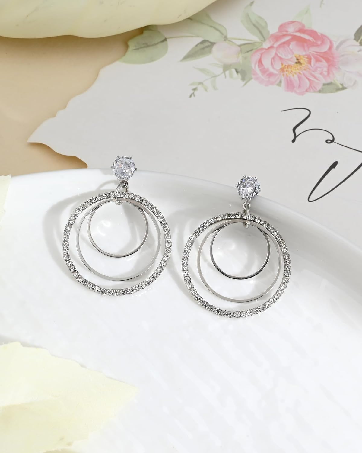 Vintage Silver 3 Layered Circle Drop Dangle Earrings for Women, Hypoallergenic Cubic Zirconia Silver and 14K Gold Plated Jewelry CZ Studs Boho Dangle Earrings for Jewelry Gifts - Image 6