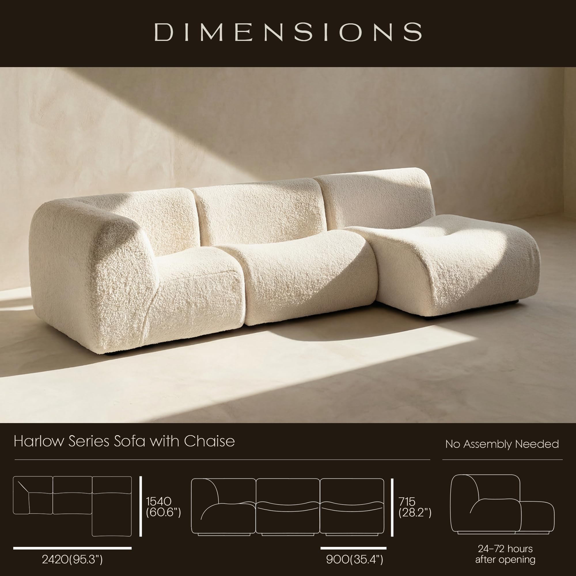 283 cm Curved Modulsofa mit Chaiselongue, Weiß, Bouclé Stoff, Cloud Sofa