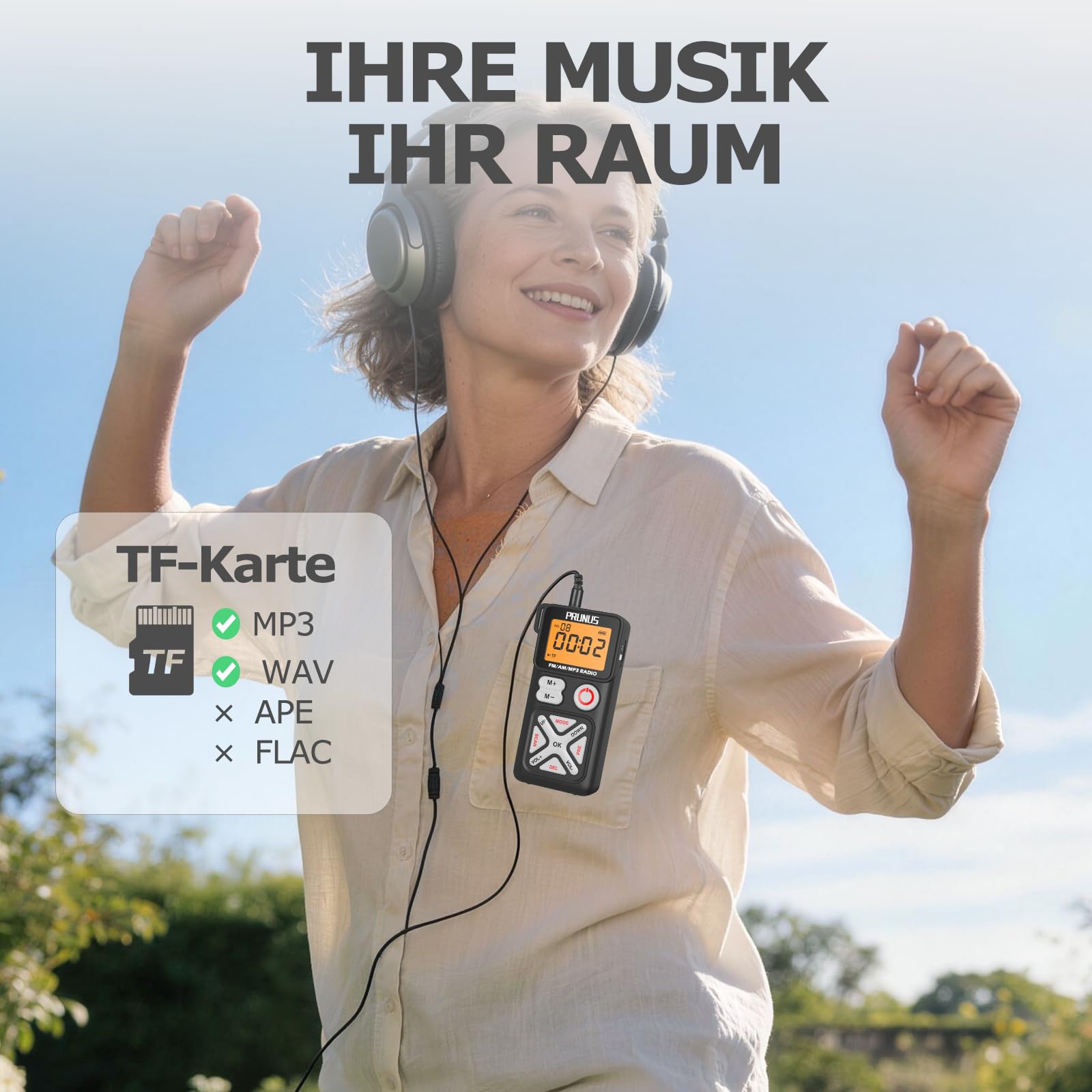 PRUNUS J-988 AM/FM/UKW Digitales Radio Klein unterstützt Manuelle Senderspeicher, Kleines Radio mit Kopfhörern/TF-Kartensteckplatz, USB-C Aufladung, Taschenradio mit Clip zum Joggen,Wandern,Reisen.
