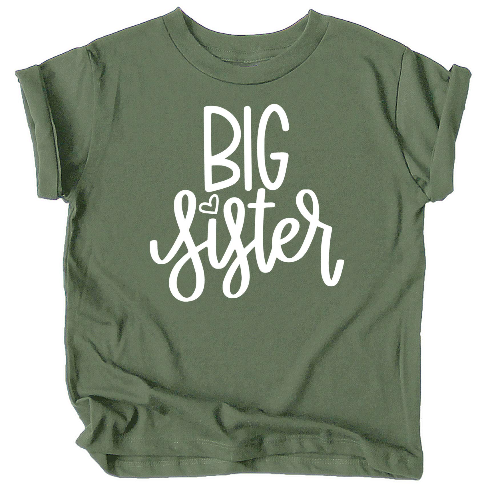 Olive Loves Apple Big Sister with Heart New Sibling Announcement Shirts for Toddler and Girls Siblings White on Military Green Shirt 4T