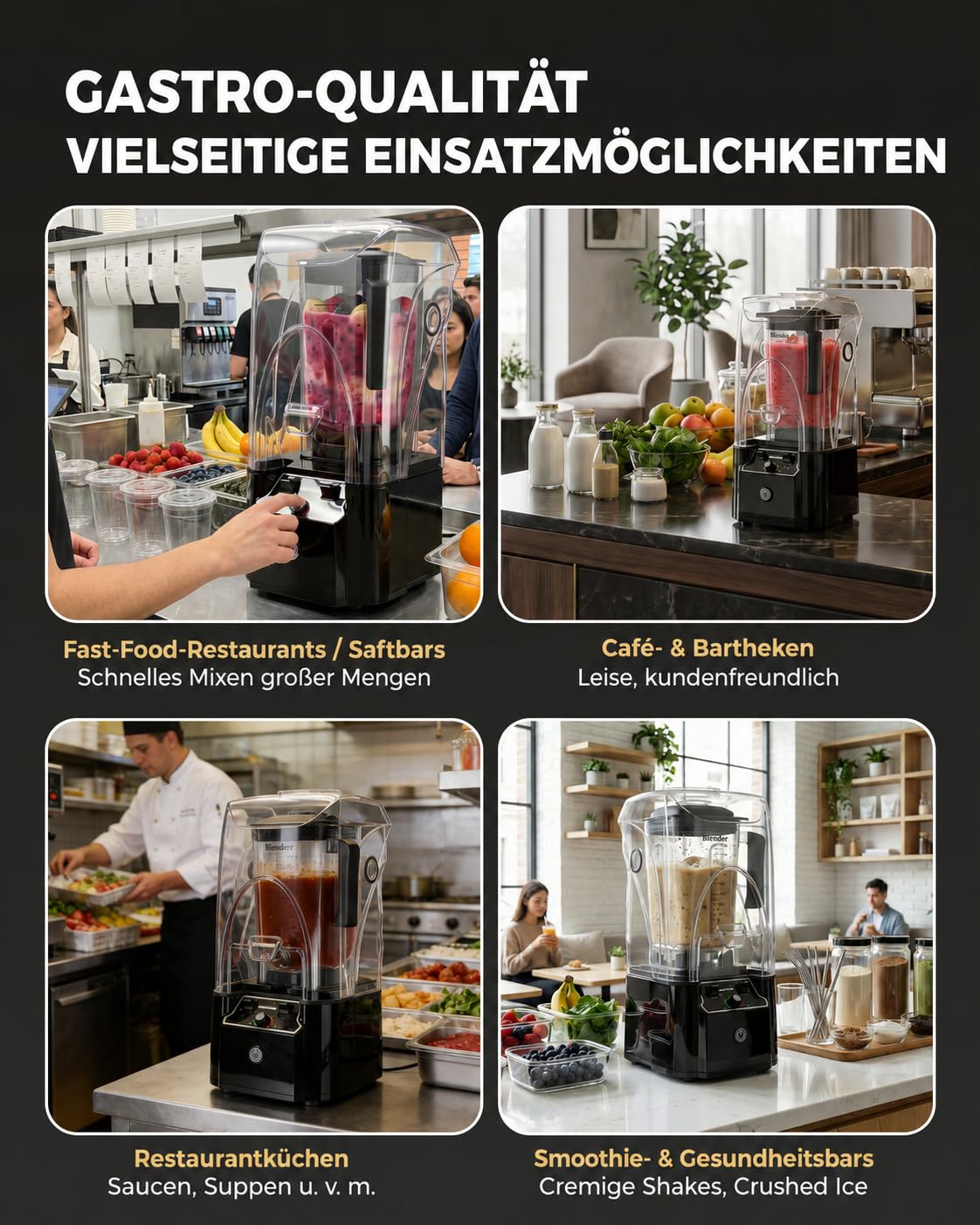 WantJoin Kommerzieller Mixer mit Schallschutzhaube 2.2L Leise Professioneller Smoothiemaker 2200W Hochleistungsmixer Gewerbe-Standmixer für Eiszerkleinerung, Gefrorene Desserts, Suppen und Fisch