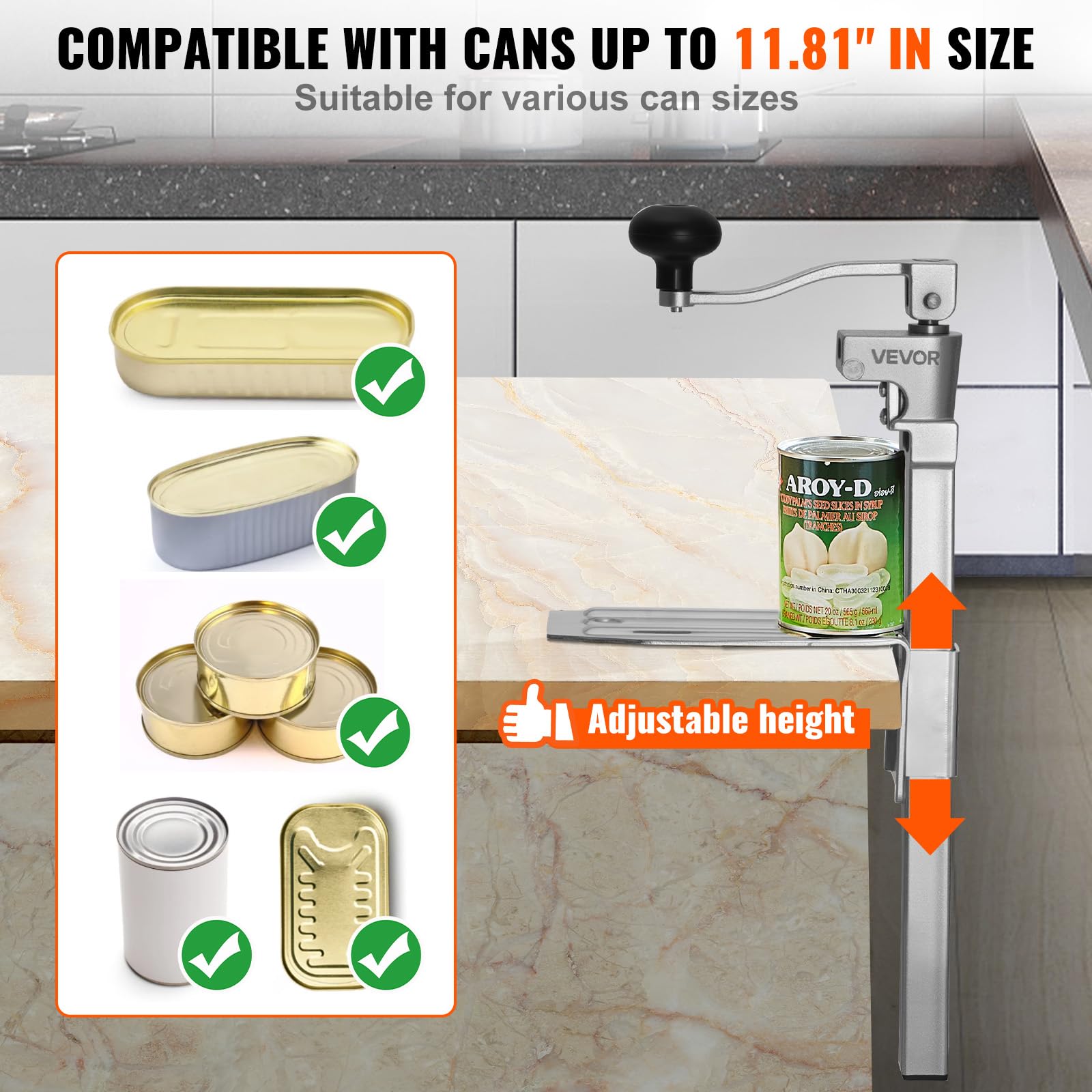 VEVOR Apriscatole Commerciale, Apriscatole Manuale in Acciaio Fuso da Tavolo per Lattine Alte Fino a 30 cm, Regolabile in Altezza con Viti, per Ristoranti e Hotel, 235 x 100 x 660 mm