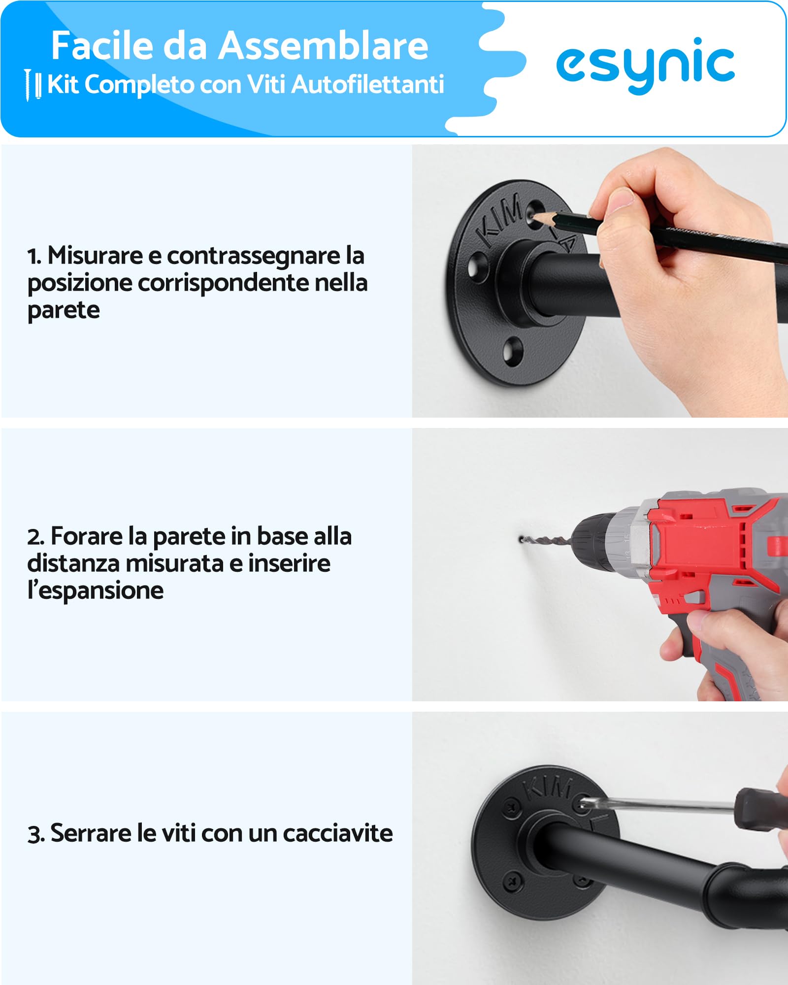 ESYNiC 2x60cm Tubi Appendiabiti da Parete in Ferro Stile Industriale Carico 25KG, Paio Attaccapanni da Muro Salvaspazio Porta Asciugamani da 60x25cm per Ingresso Guardaroba Bagno Ristorante - Nero