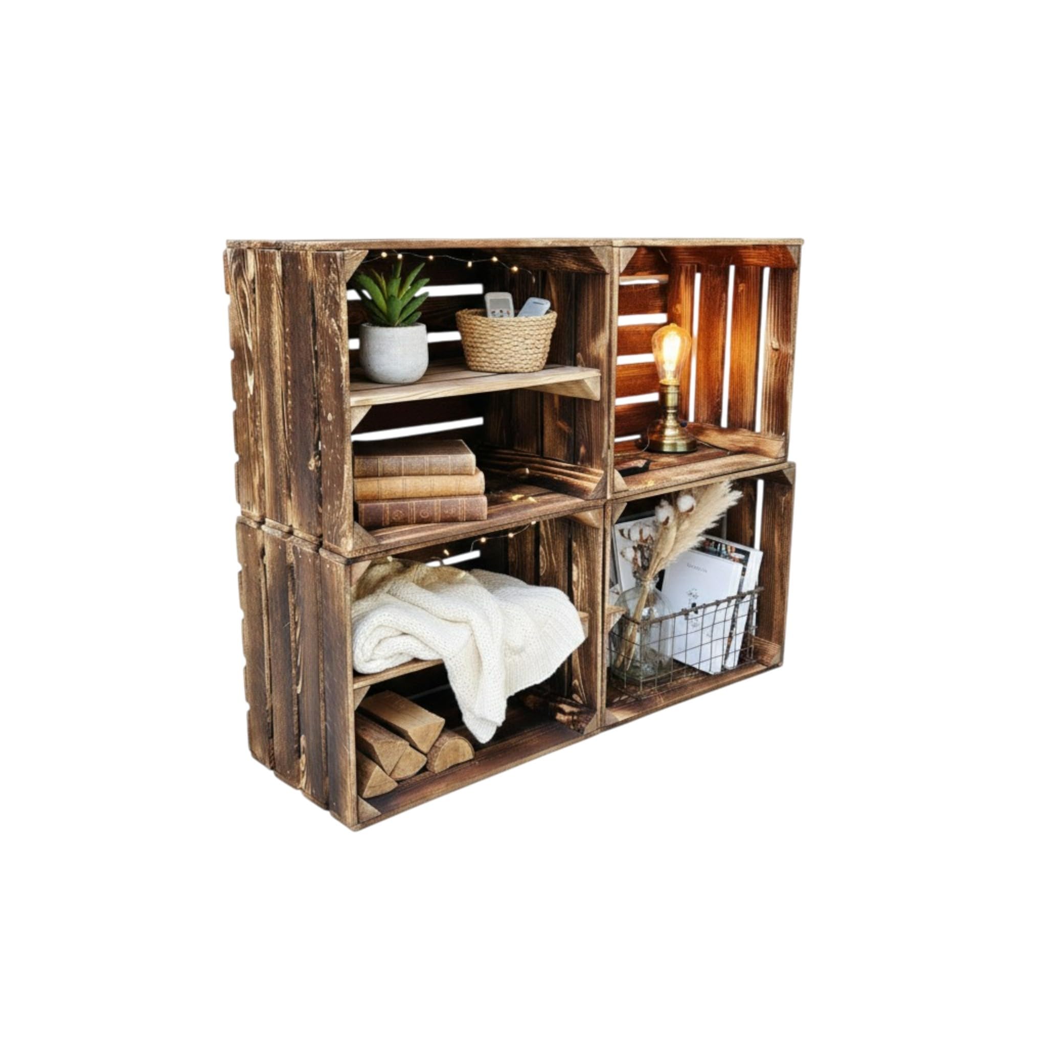 Teramico Cassette di legno per frutta, fiammate scure, 50 x 40 x 30 cm, in un fantastico set come scaffale o per la conservazione (2 x fondo corto