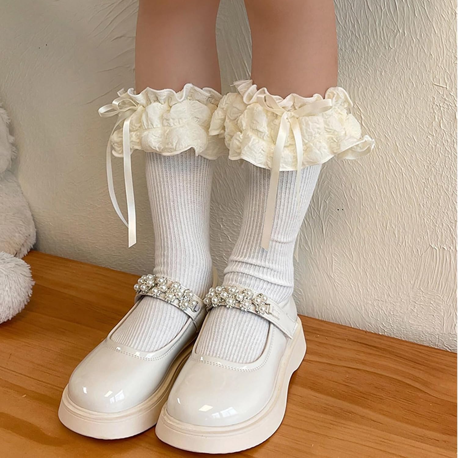 Crew Socks for Women, Baby Kneehigh Socks Cotton MidCalf Socks Stretchy Puff Lace Trim for Girl Dress Sock