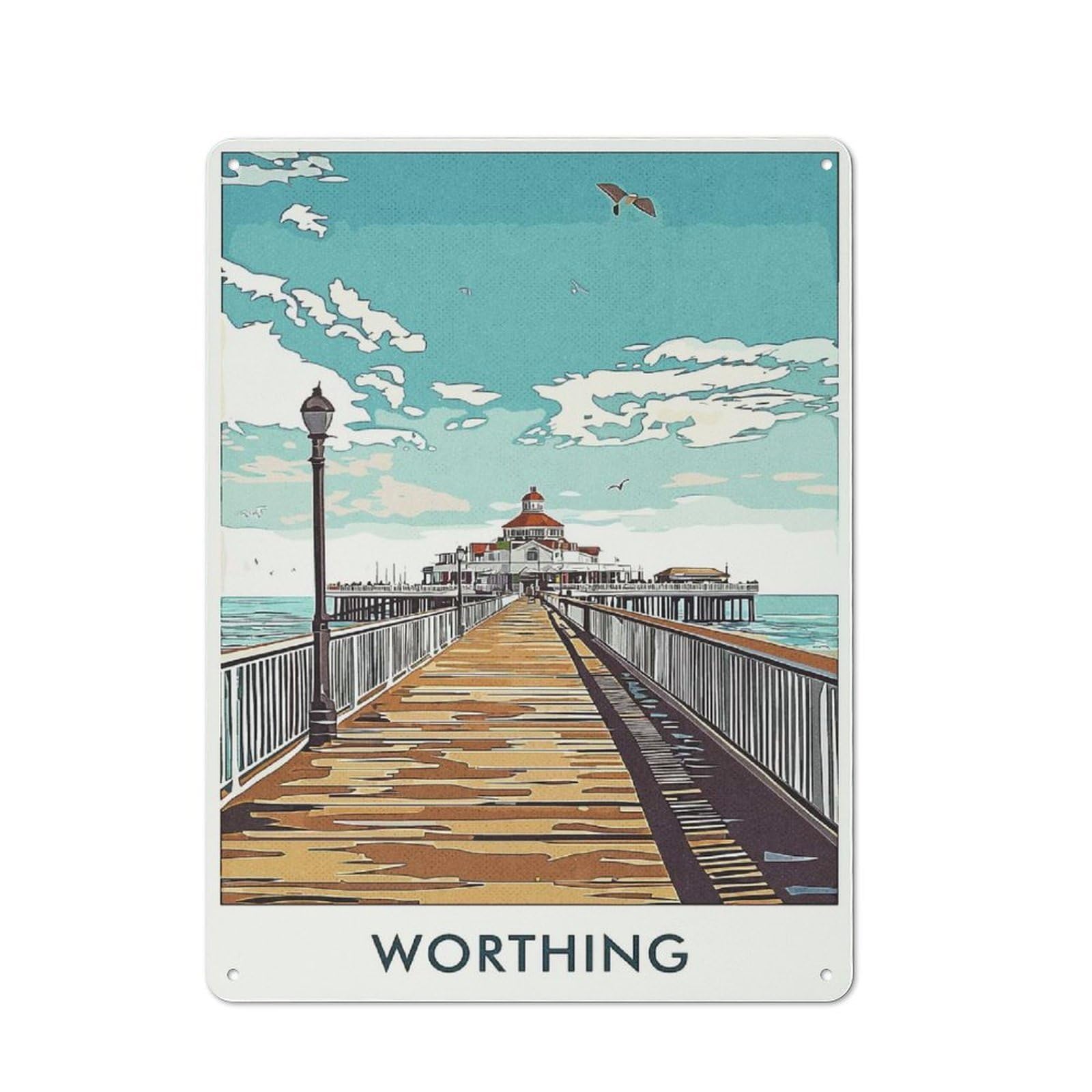 Junmoney Style-16 Worthing Pier Illustration Retro Metal Sign 40X30cm For Garage Or Workshop, With Clear Retro Wall Decor Character