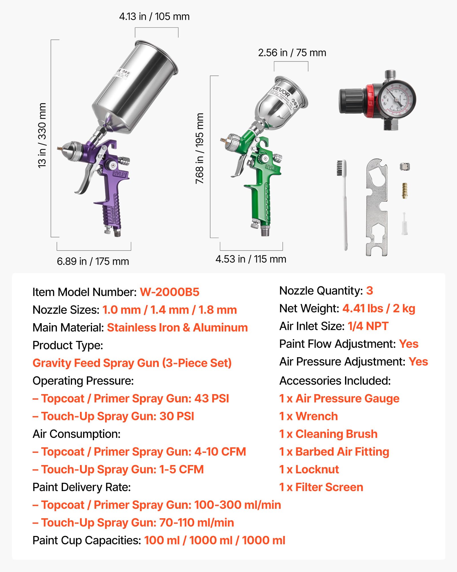 VEVOR 3-częściowy zestaw pistoletu natryskowego, profesjonalny zestaw automatycznego pistoletu natryskowego z 3 dyszami (1/1,4/1,8 mm), 3 kubki i regulator powietrza, samochodowy opryskiwacz do